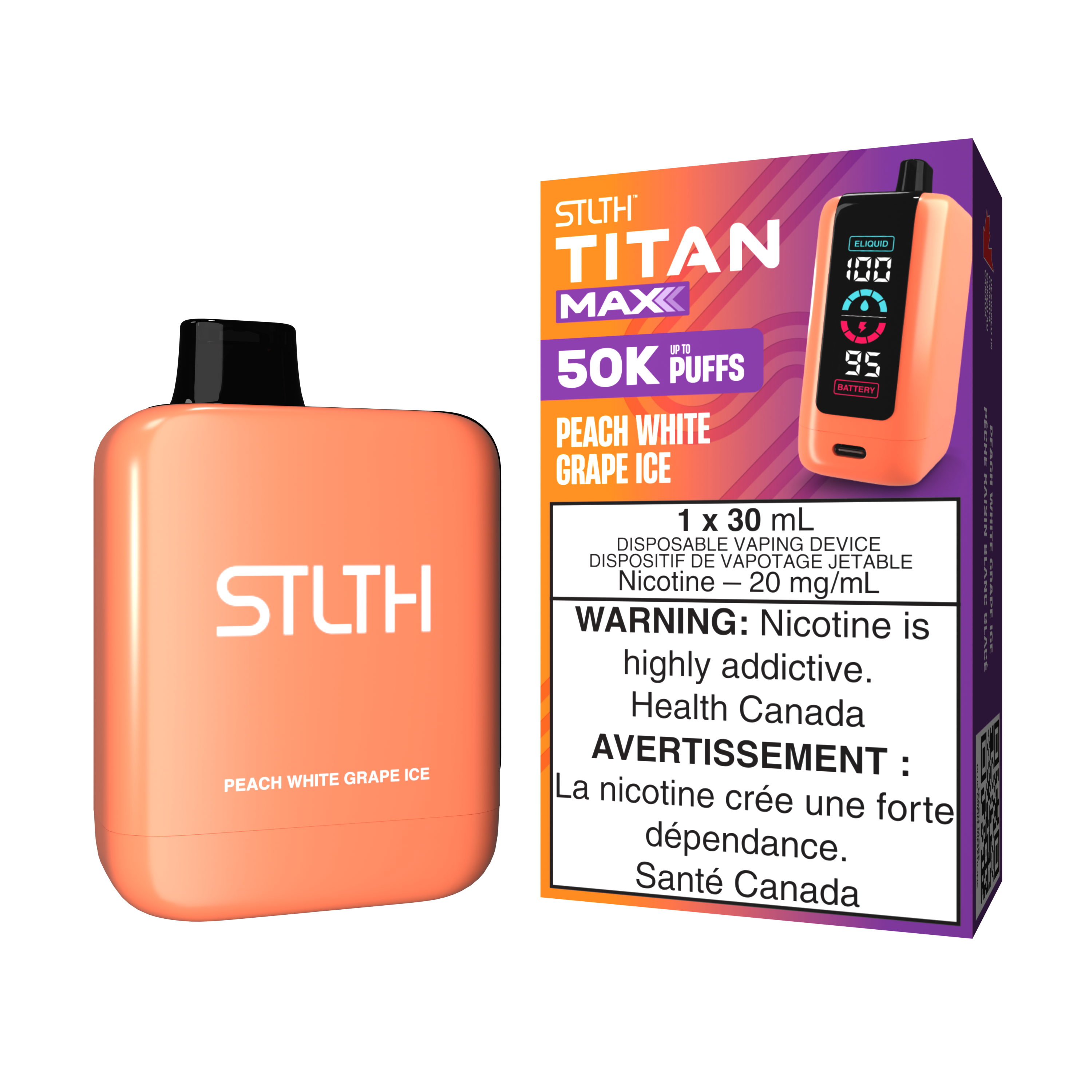 STLTH TITAN MAX Peach White Grape Ice disposable vape with 50K puffs and health warnings on packaging.