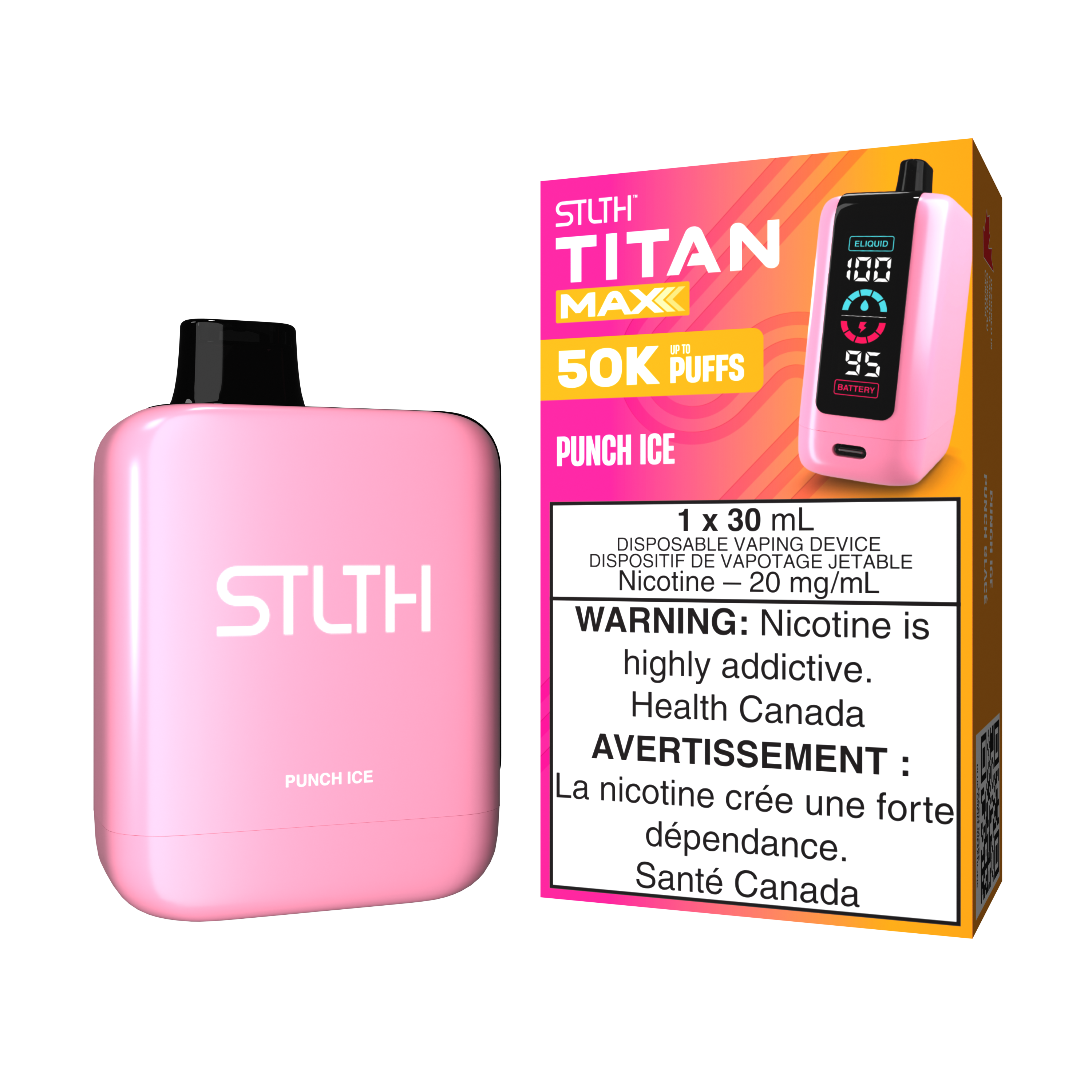 STLTH TITAN MAX disposable vape in Punch Ice flavor, offering 50K puffs of tropical fruit and ice blend.