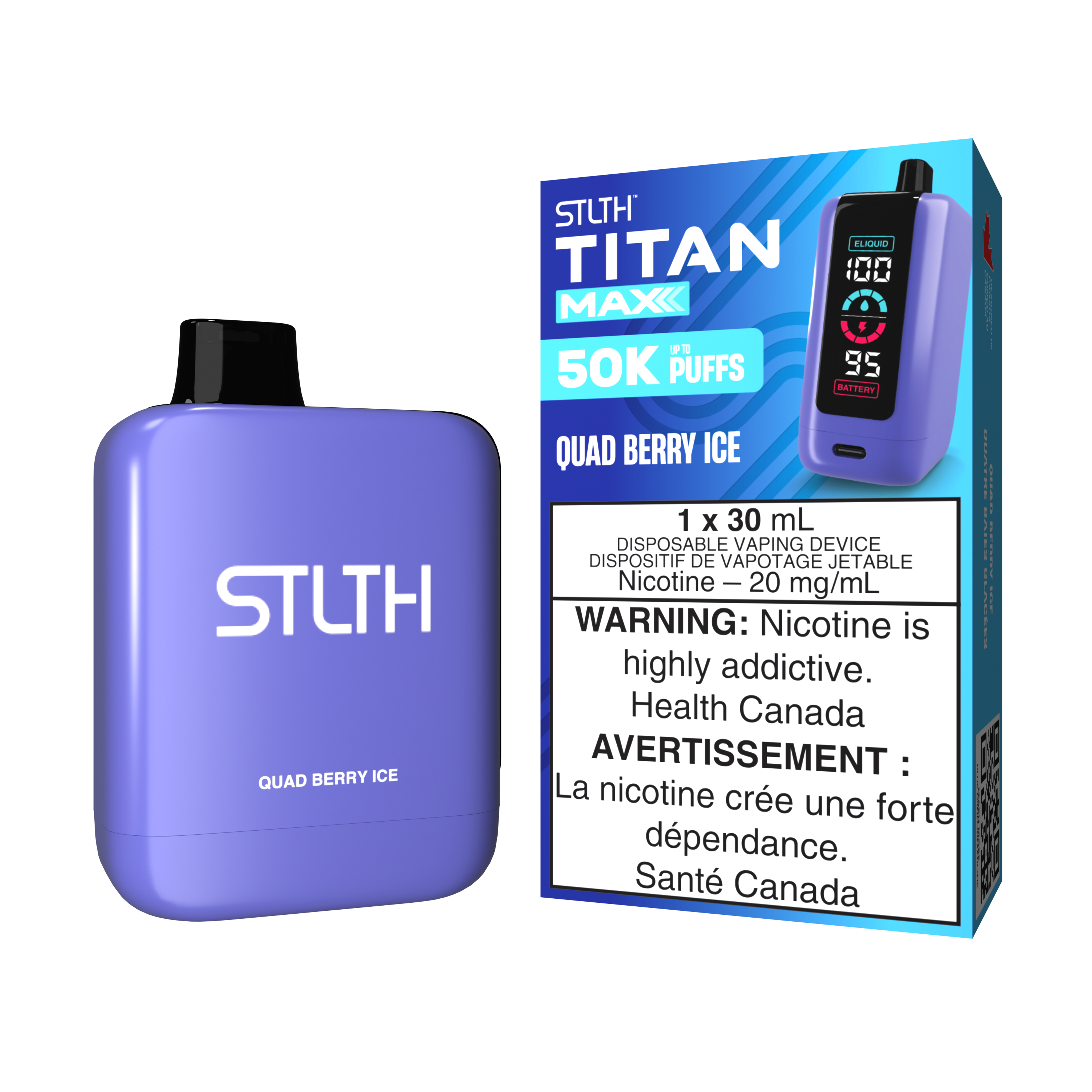 STLTH TITAN MAX disposable vape in Quad Berry Ice flavor, featuring a sleek design and warning label for nicotine content.