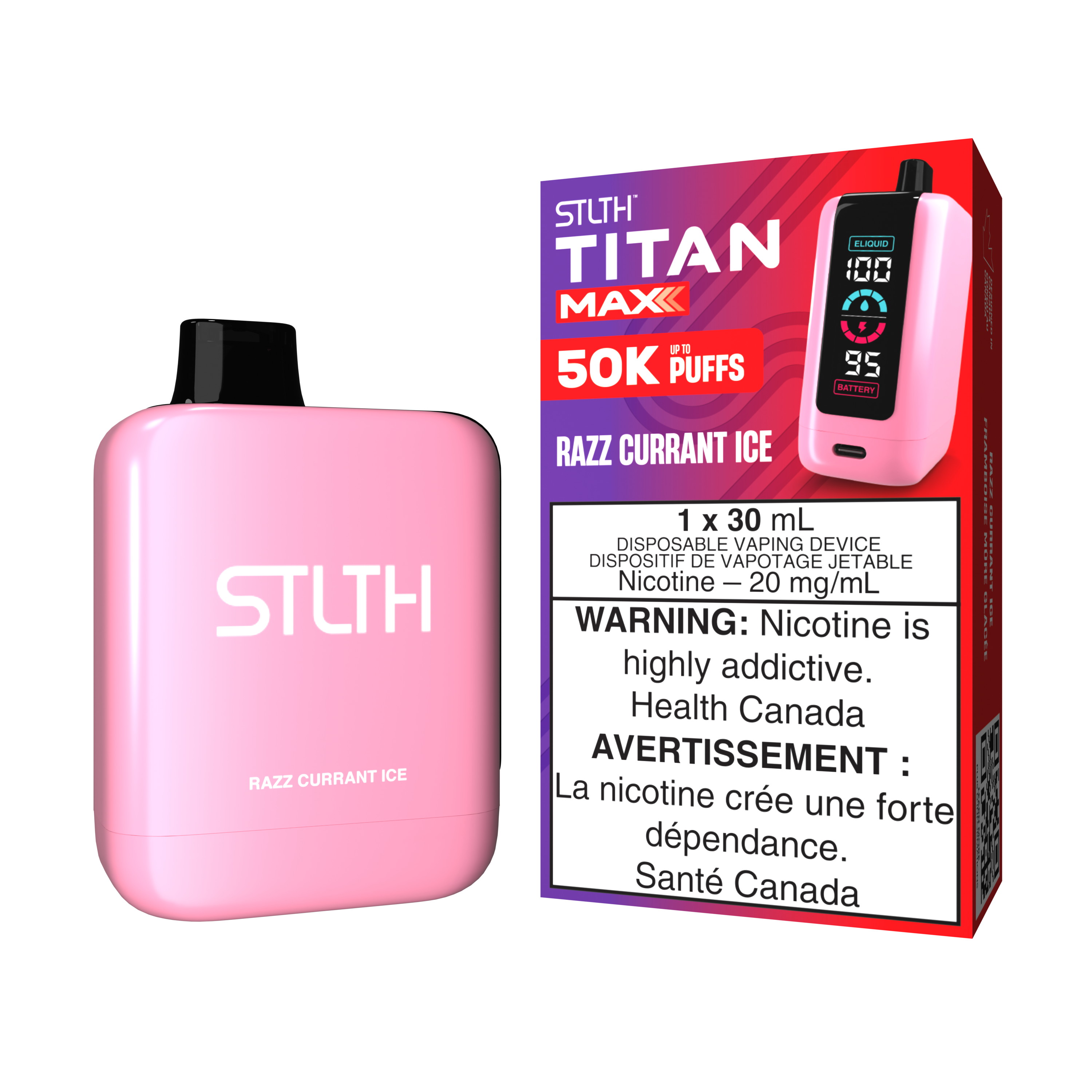 STLTH TITAN MAX disposable vape in pink, featuring Razz Currant Ice flavor and 50K puff capacity.