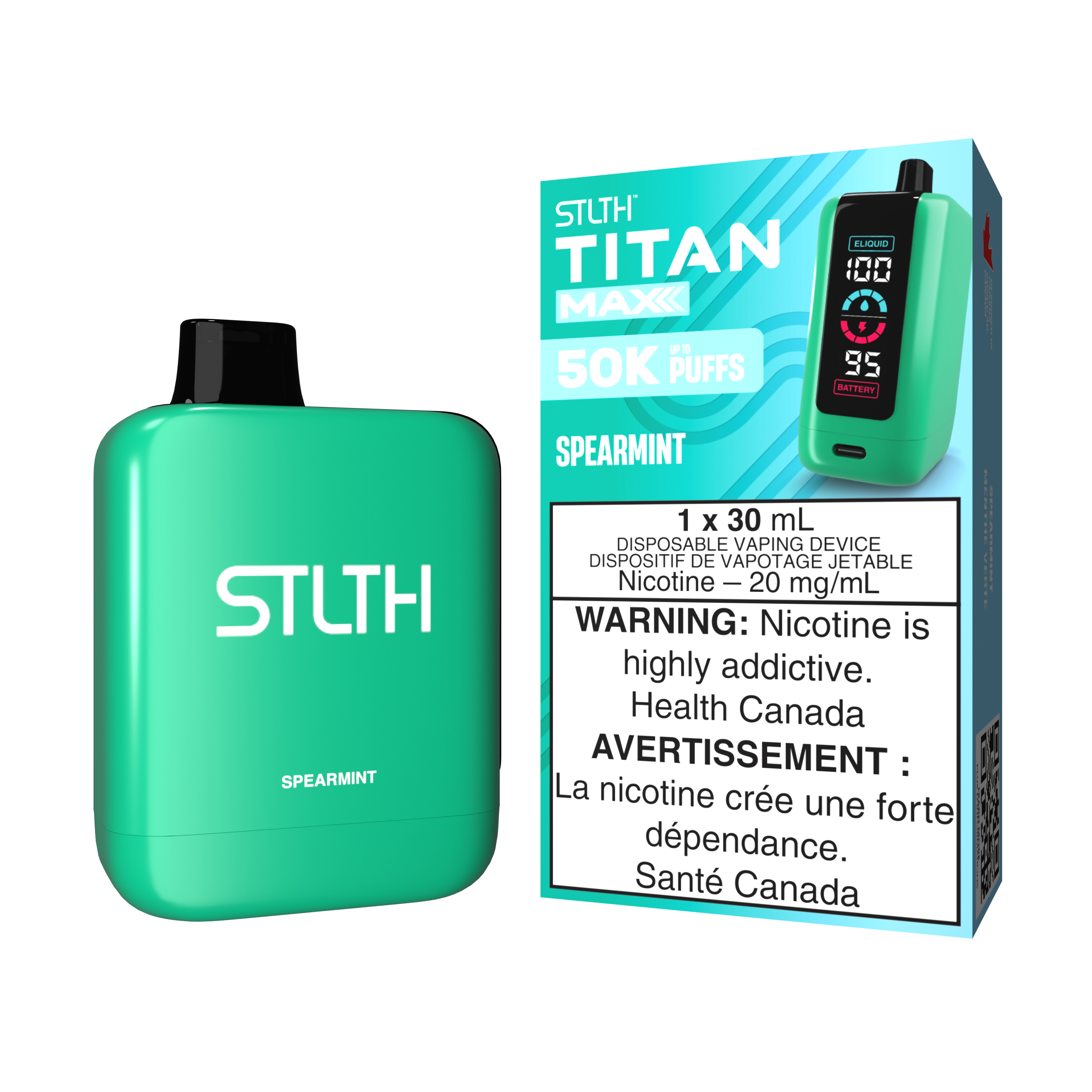 STLTH TITAN MAX disposable vape in spearmint flavor with packaging showcasing 50K puffs and nicotine details.