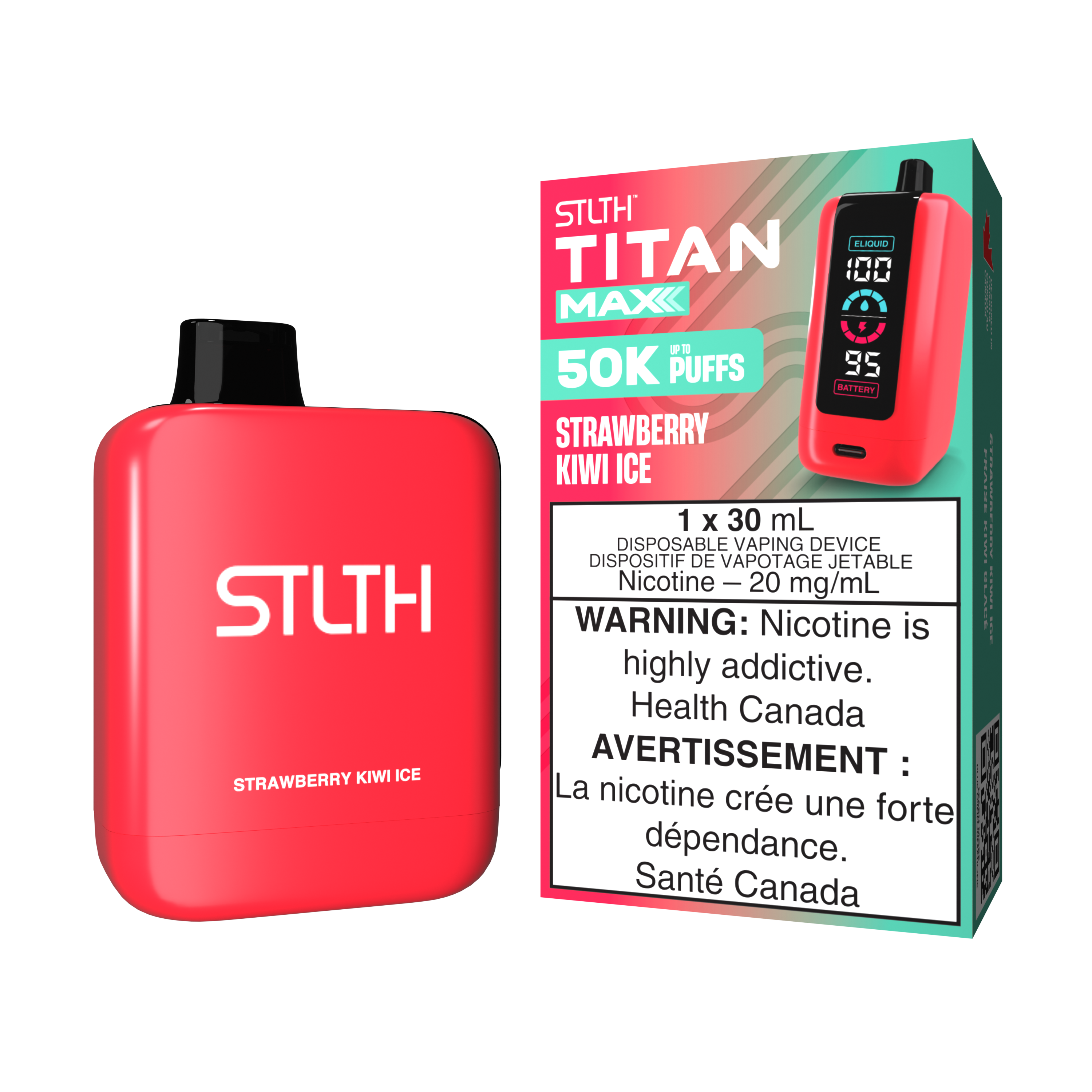 STLTH TITAN MAX disposable vape - Strawberry Kiwi Ice flavor with 50K puffs shown in packaging.