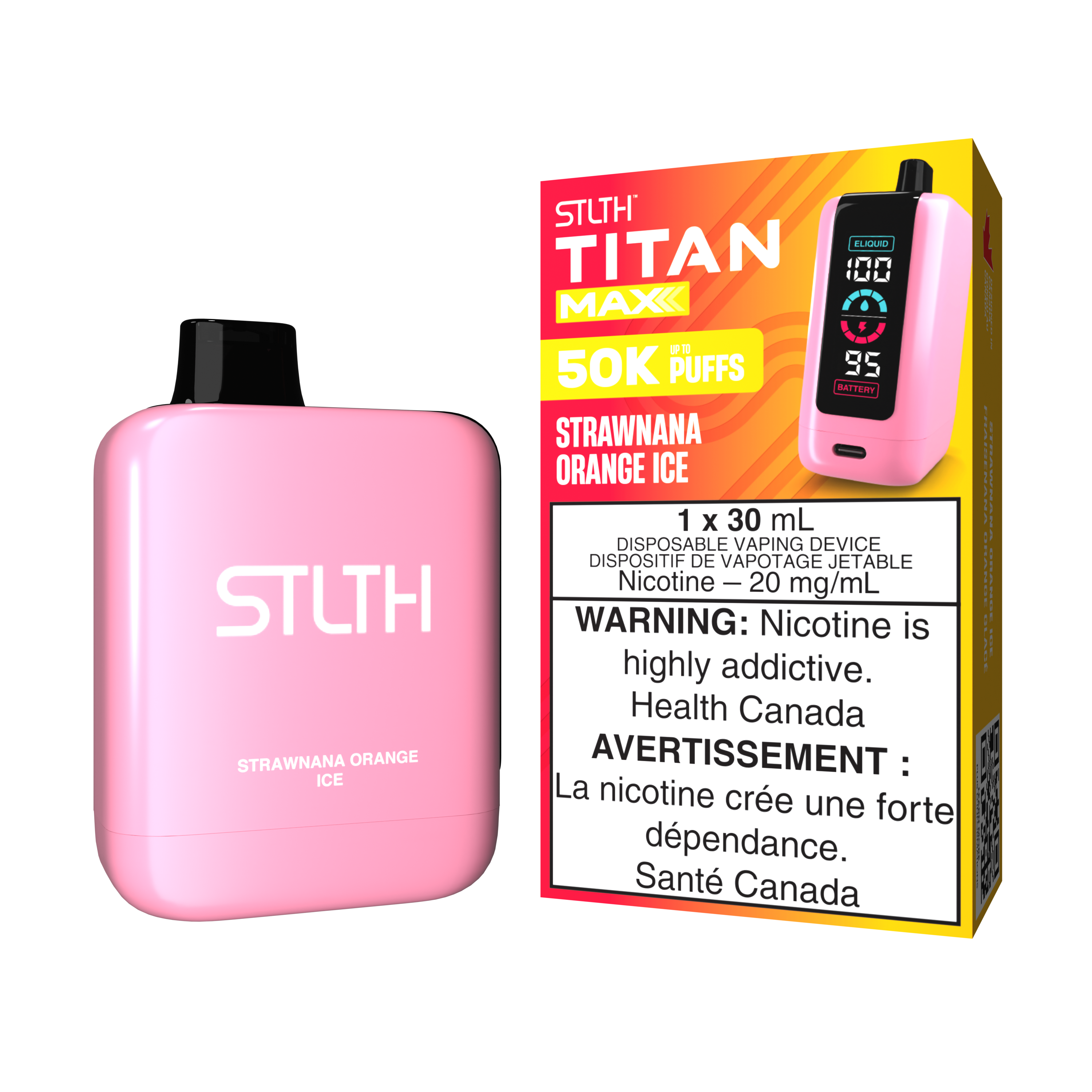 STLTH TITAN MAX Disposable vape in Strawberry Orange Ice flavor, featuring a pink device and vibrant packaging.