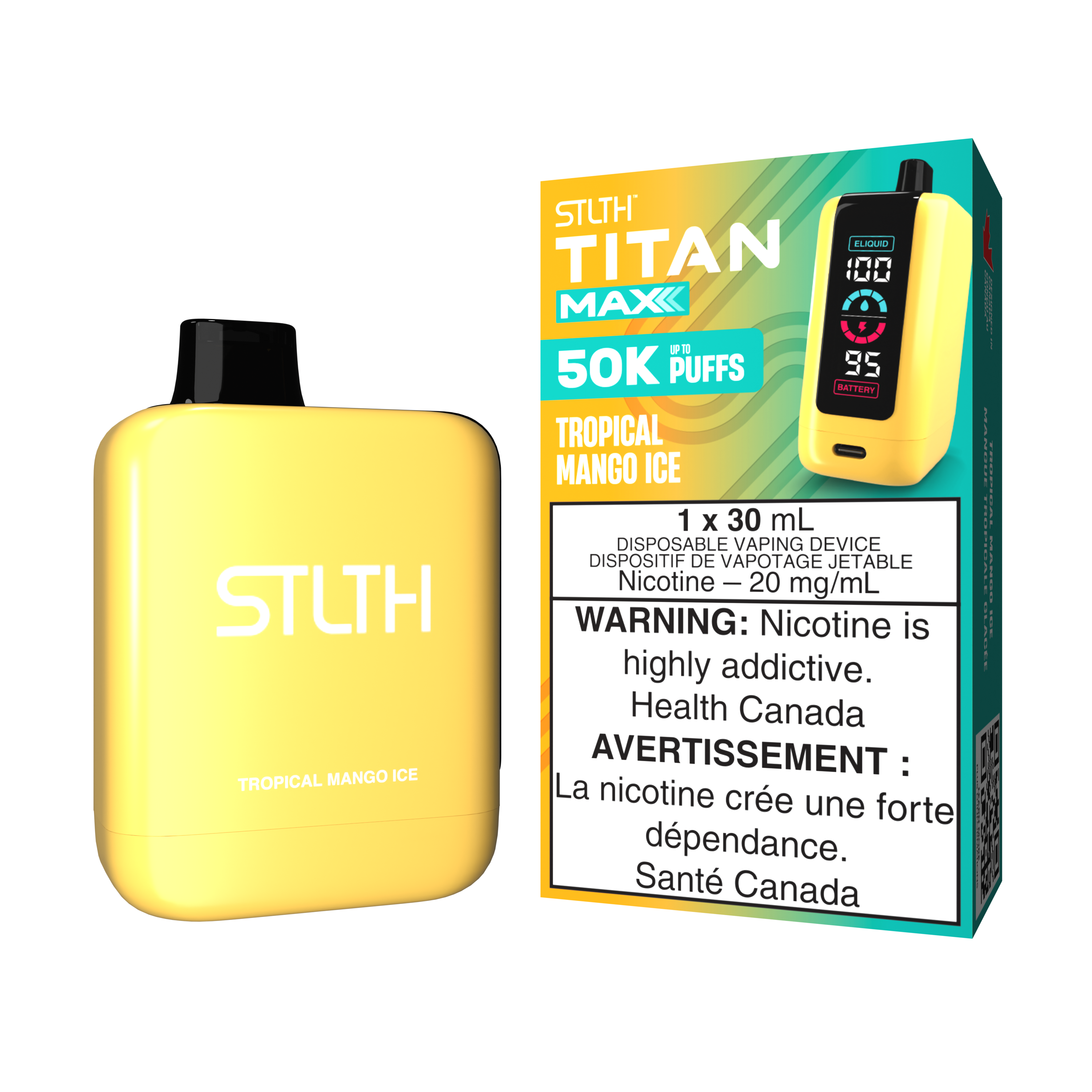 STLTH TITAN MAX Tropical Mango Ice disposable vape device with bold flavor and 50K puffs.