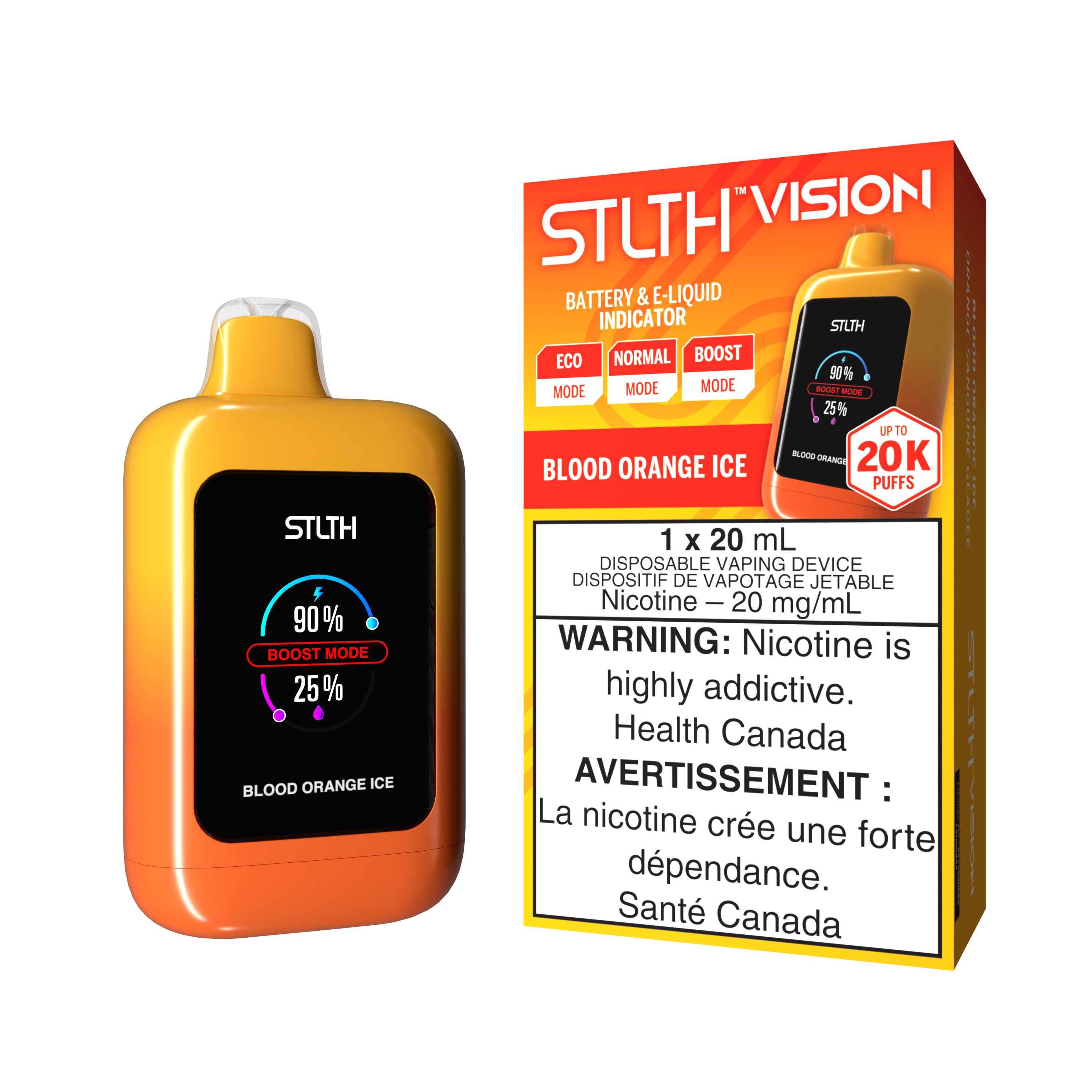 STLTH VISION 20K disposable vaping device in Blood Orange Ice flavor with battery and liquid indicator.