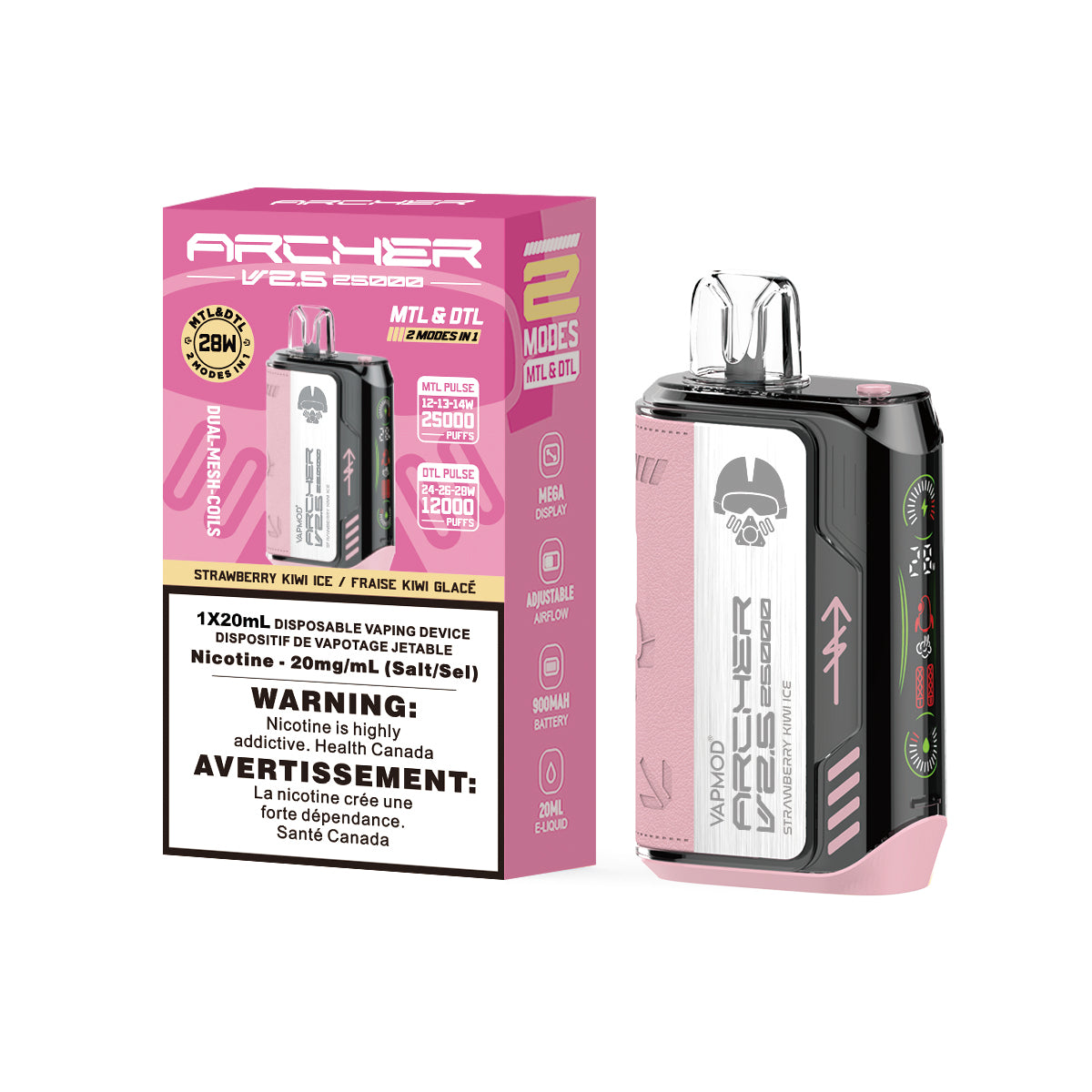 Archer 25K disposable vape device in strawberry kiwi ice flavor, featuring 28mg nicotine and dual modes.