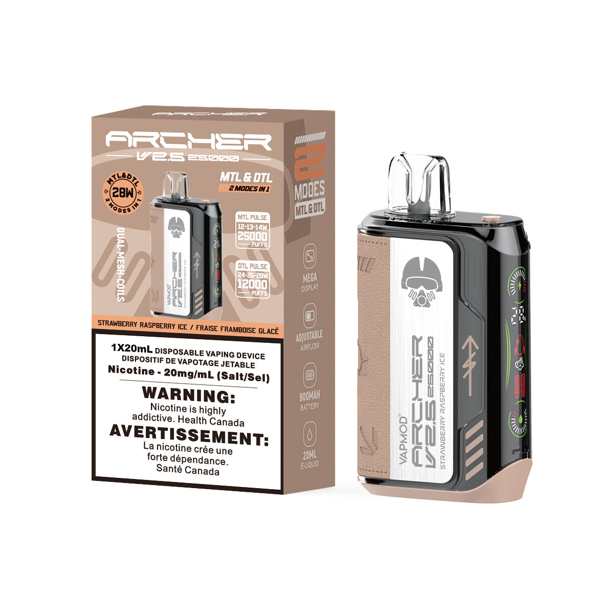 Archer 25K disposable vape device, Strawberry Raspberry Ice flavor, sleek design, nicotine 20mg/ml, stylish packaging.