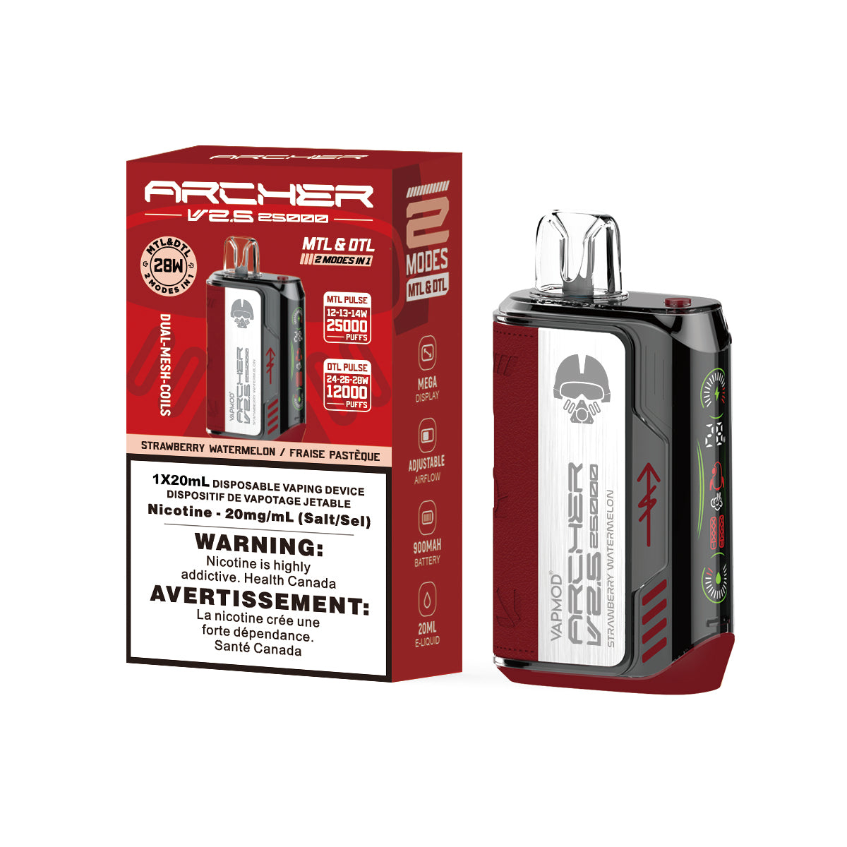 Archer 25K Strawberry Watermelon disposable vaping device with 20mg nicotine, MTL and GTL modes.