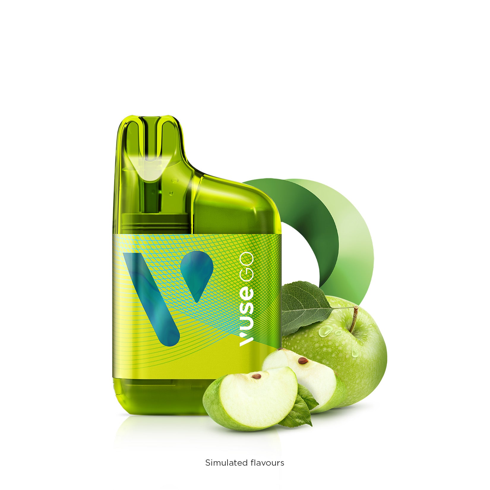 VUSE GO 1000 Apple Sour vape with green apple slices and leaves, refreshing simulated flavor تجربة.