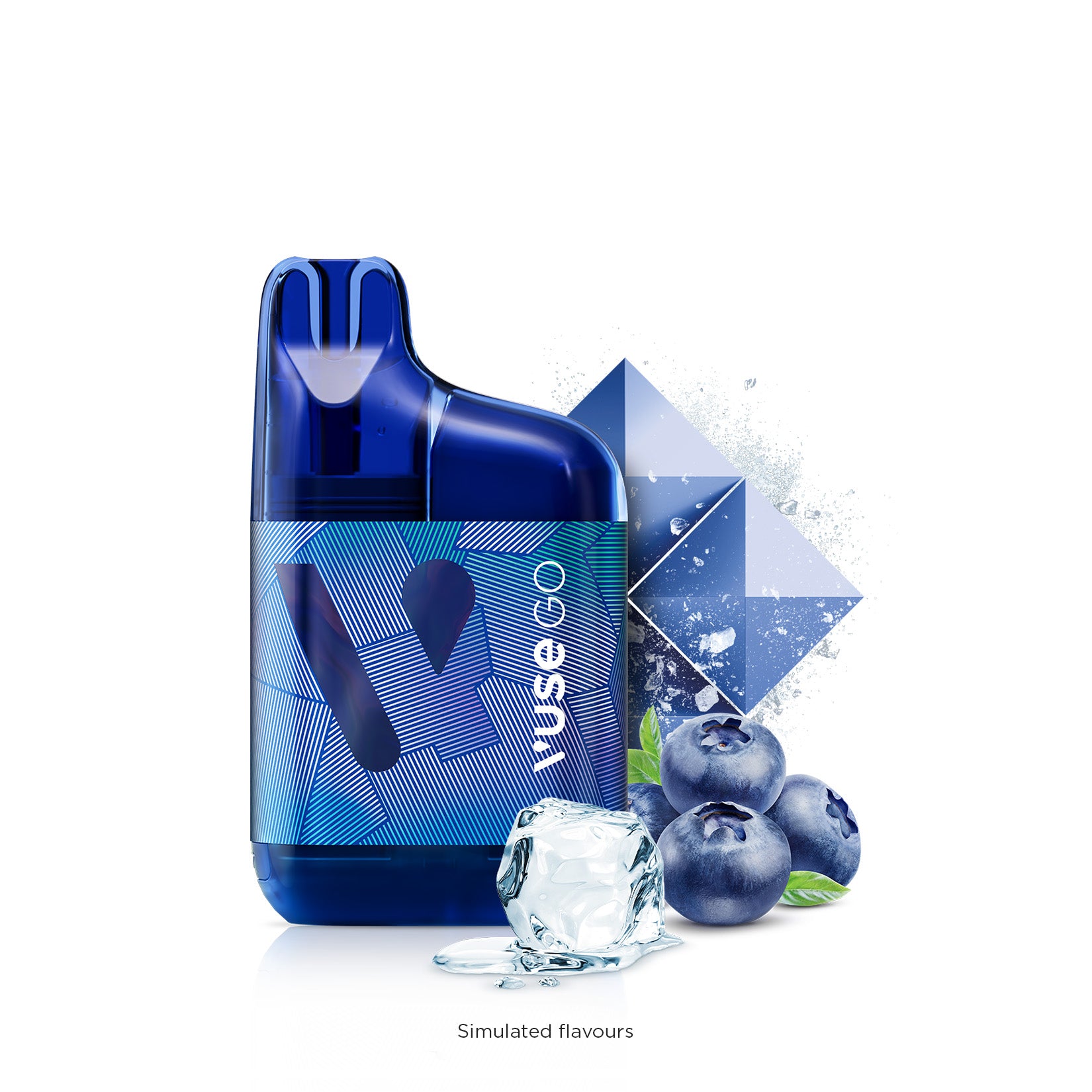 VUSE GO 1000 Blueberry Ice vape with blueberries and ice cubes, featuring simulated flavors in an eye-catching design.