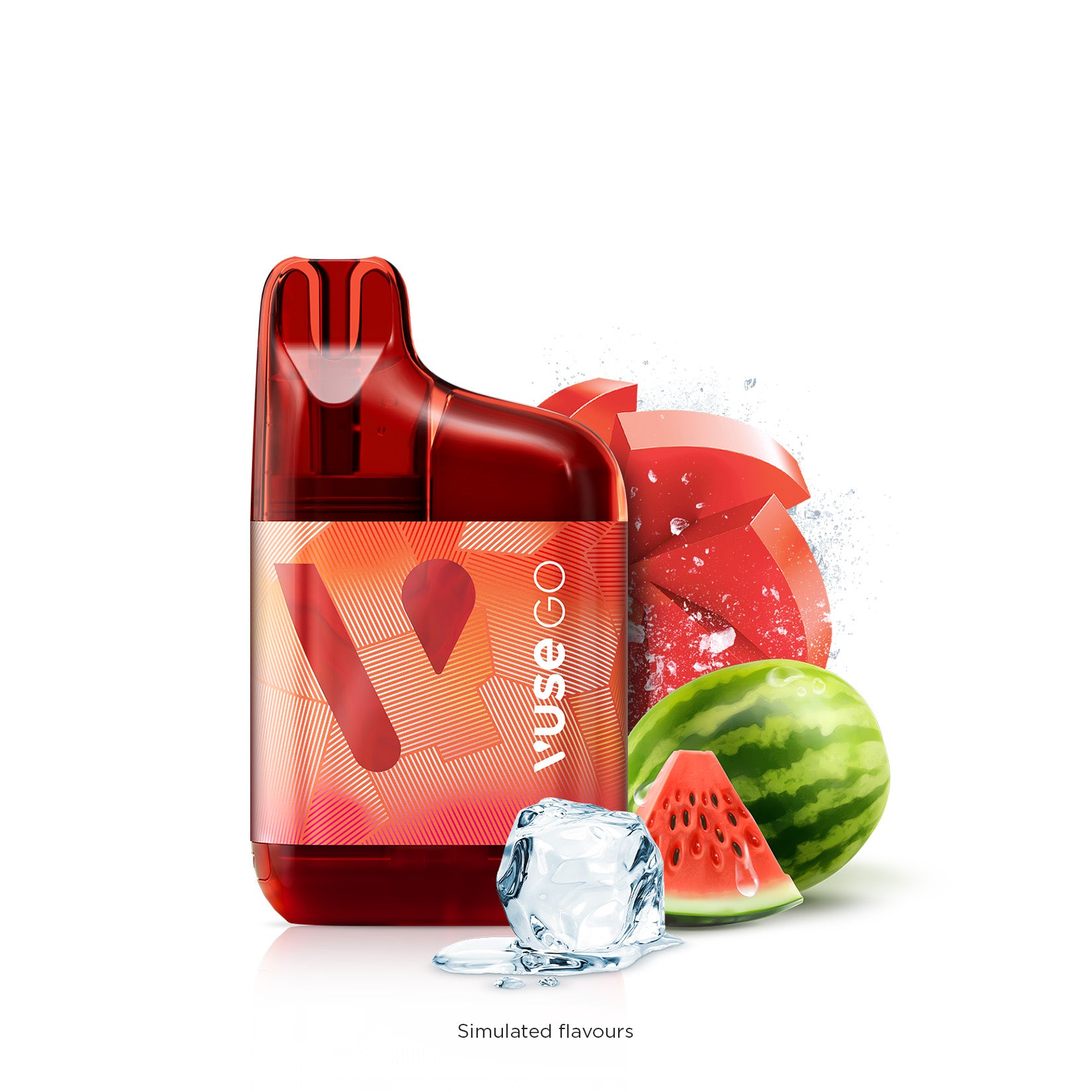 VUSE GO 1000 Watermelon Ice flavor with watermelon slices and ice cubes, showcasing vibrant and refreshing vape experience.