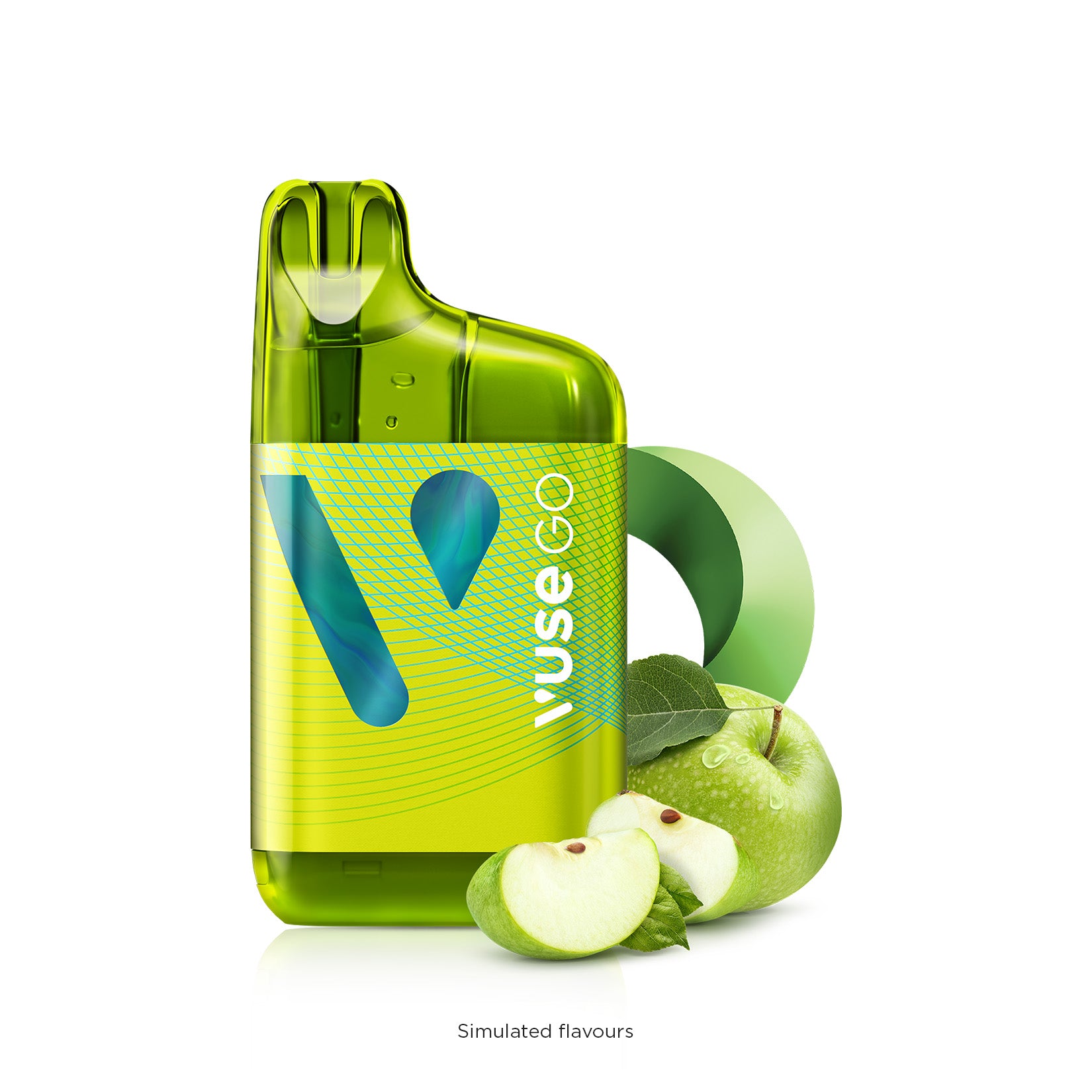 VUSE GO 5000 Apple Sour vape pen, featuring a bright green design with apple slices for a fresh flavor experience.