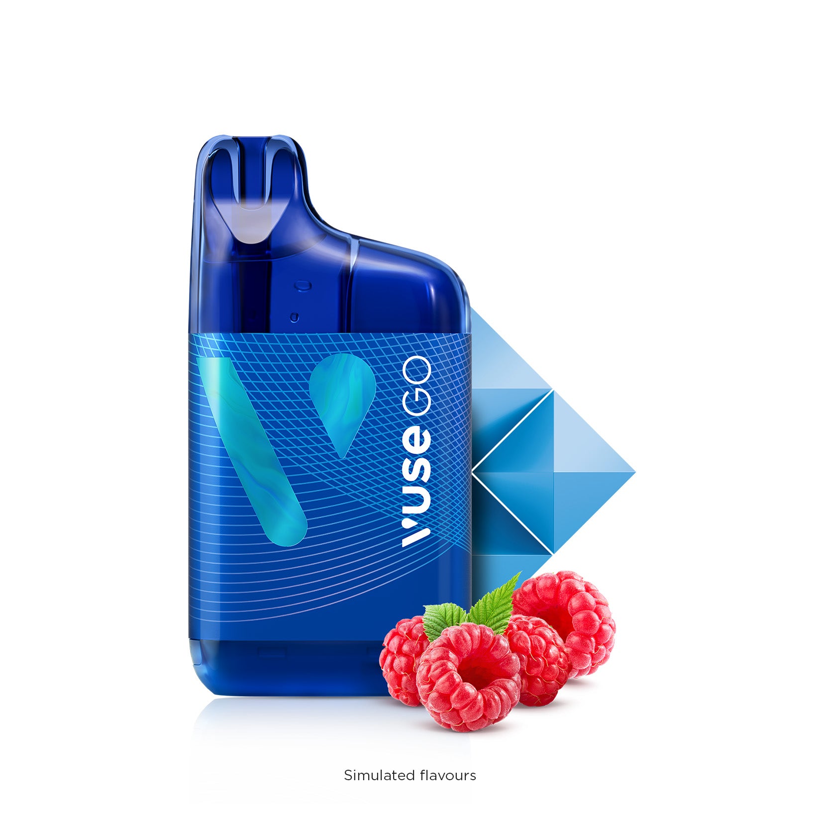 VUSE GO 5000 disposable vape in blue with raspberry flavor, featuring a sleek design and vibrant blue raspberry imagery.