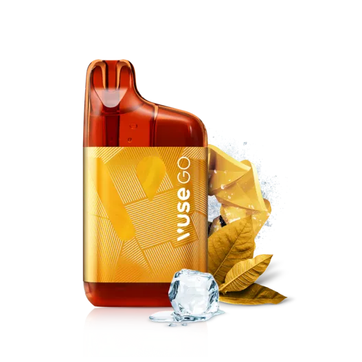 VUSE GO 5000 in Golden Tobacco Ice flavor with ice and tobacco leaves, offering a refreshing vaping experience.