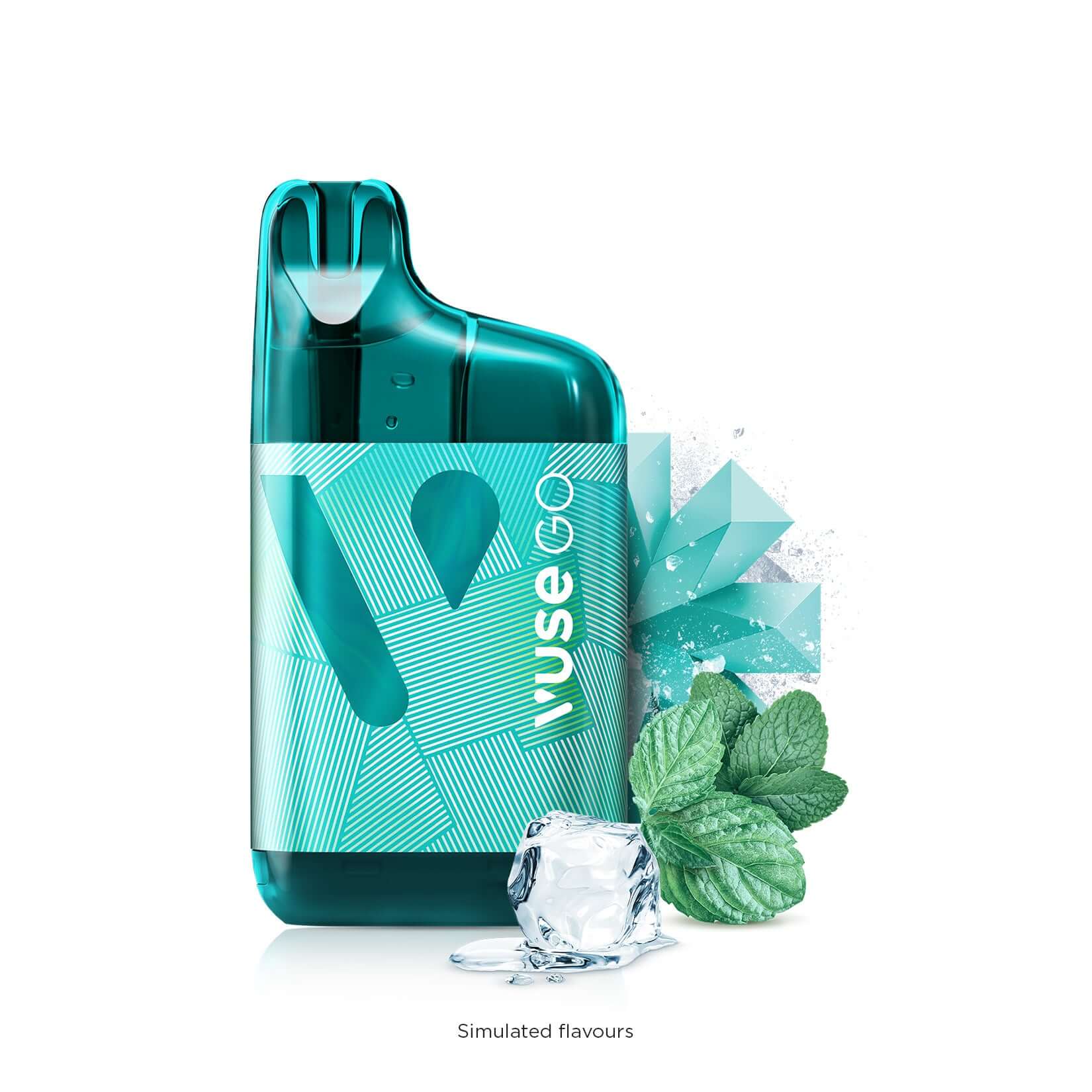 VUSE GO 5000 vaping device in mint ice flavor with mint leaves and ice cubes, showcasing refreshing taste.