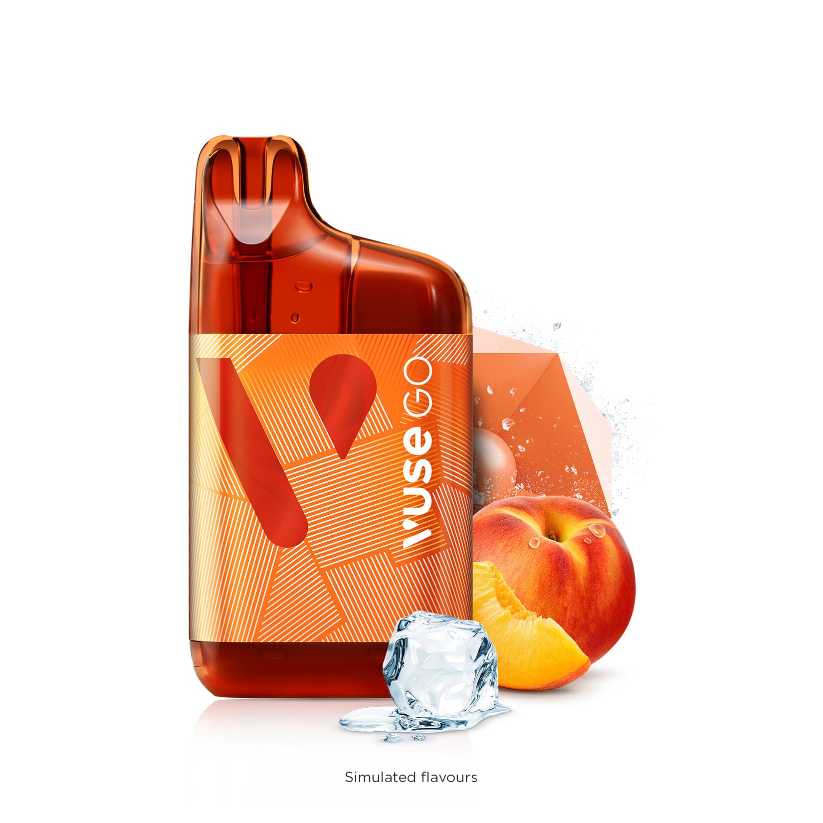 VUSE GO 5000 Peach Ice vape with peach illustration and ice cubes, refreshing fruity flavor boost.