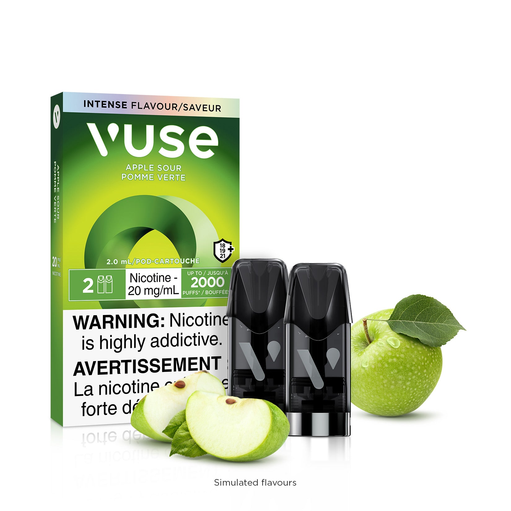 VUSE Apple Sour 20mg/ml e-liquid pods with box and green apple, highlighting intense flavor and nicotine warning.