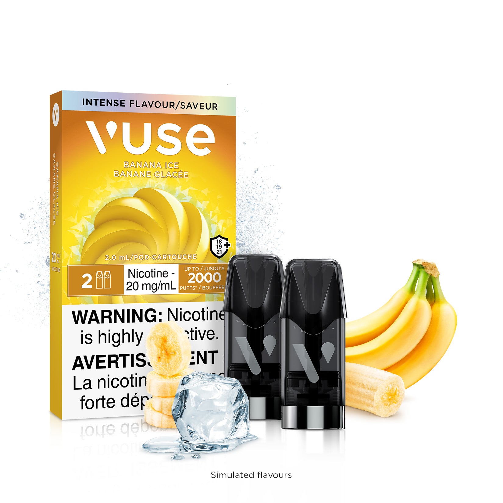 VUSE Banana Ice 20mg/ml vaping pods with box, ice, and bananas, highlighting intense flavor experience.