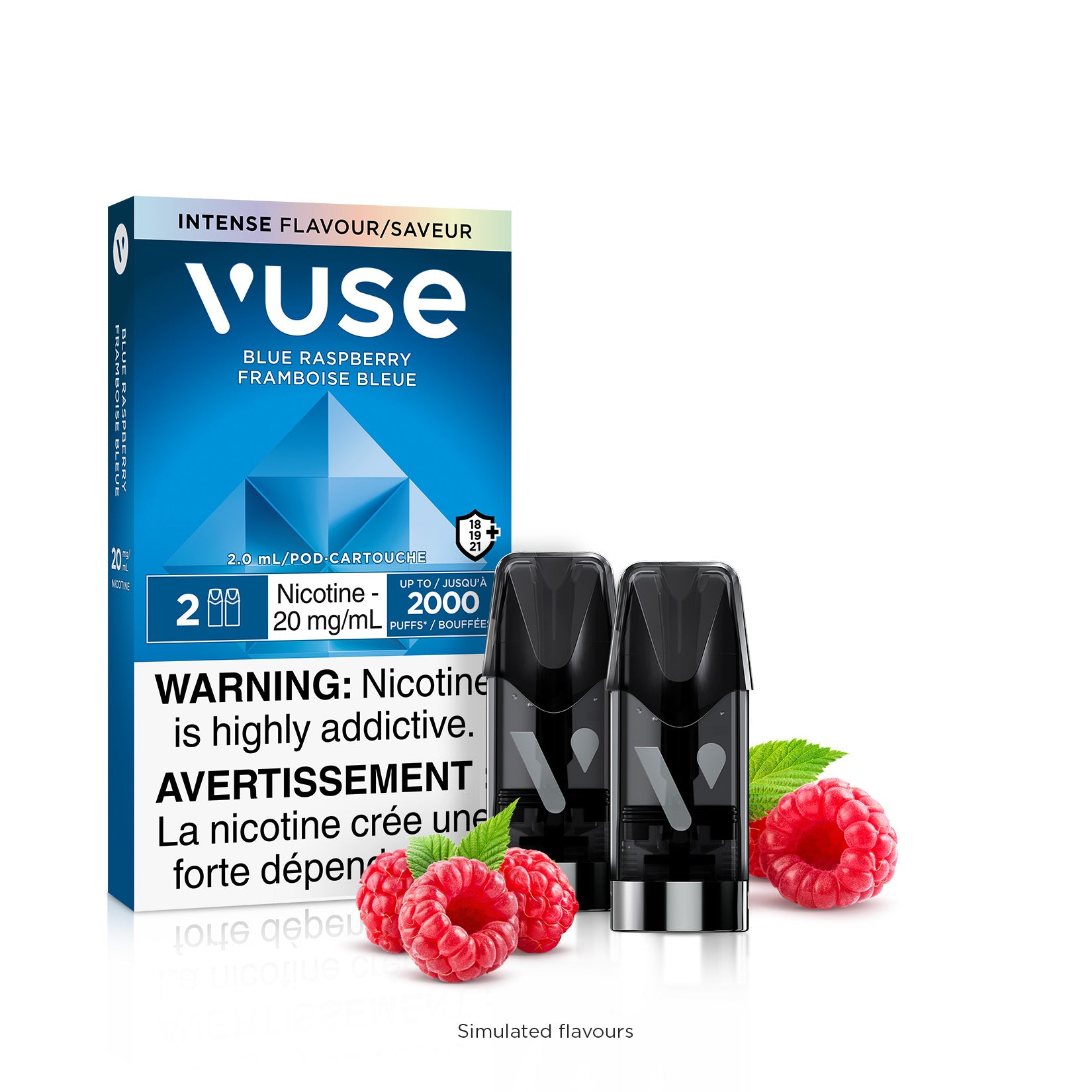 VUSE Blue Raspberry pod cartridge pack with two pods, 20mg/mL nicotine, featuring raspberries, vibrant blue packaging.