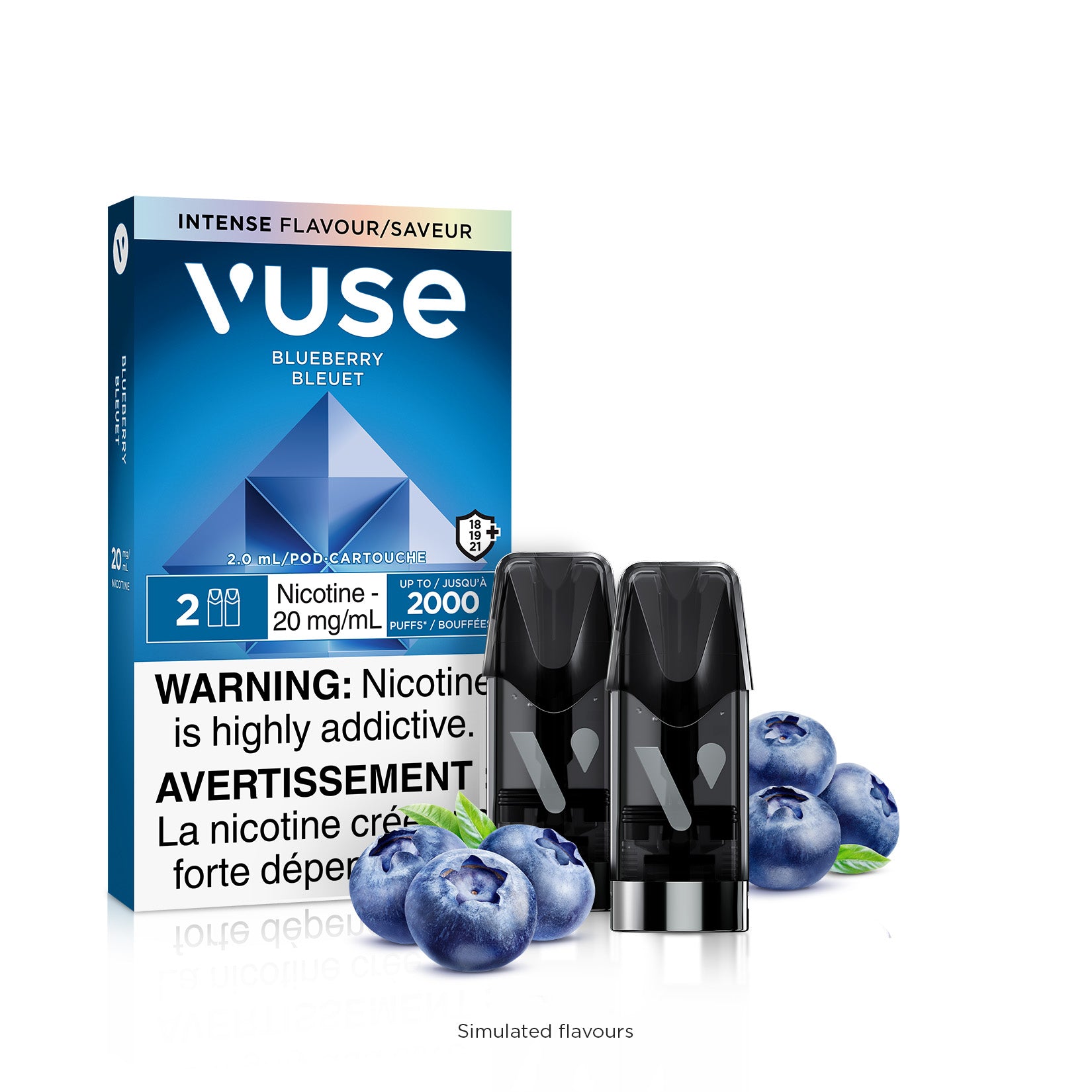 VUSE Blueberry nicotine pods 20mg/ml with packaging and blueberries on display, intense flavor for vaping.