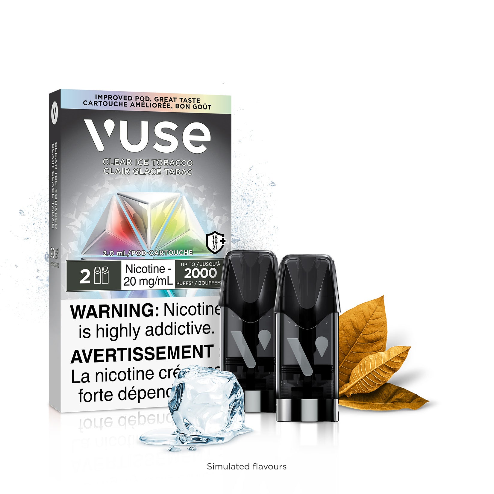 VUSE Clear Ice Tobacco 20mg/ml vape pods with ice and tobacco leaves, offering an improved flavor experience.