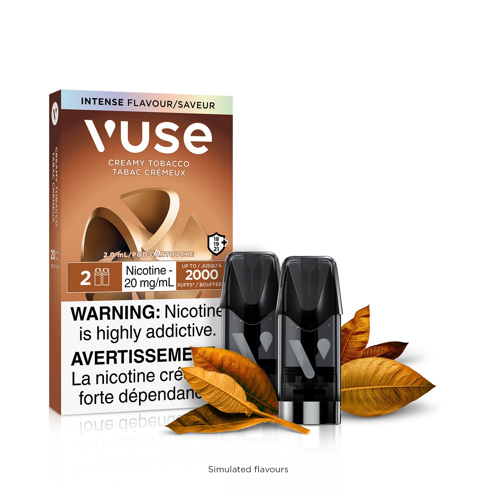 VUSE Creamy Tobacco 20mg/ml pods in packaging with tobacco leaves, highlighting intense flavor and nicotine warning.