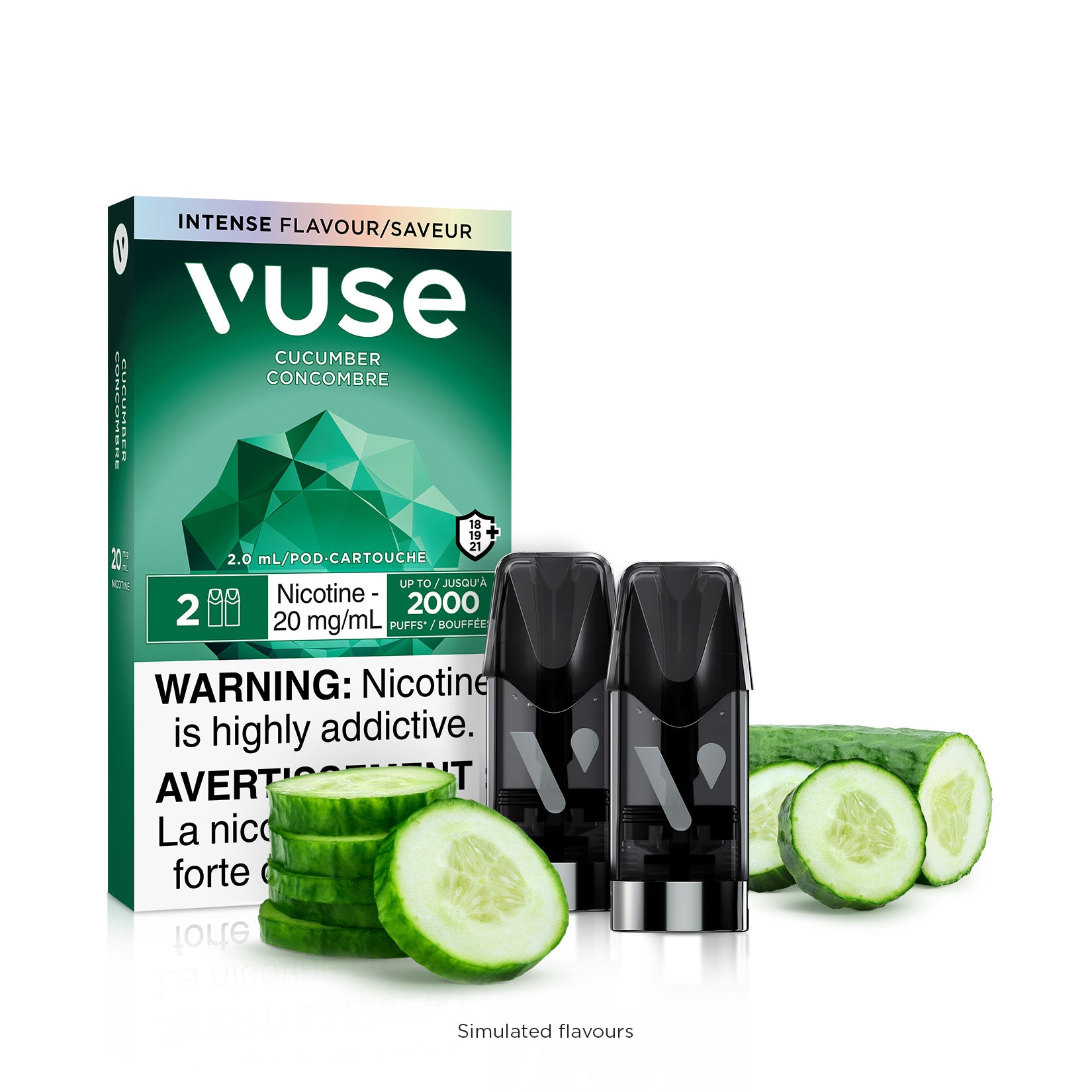 VUSE Cucumber 20mg/ml pod cartridges with cucumber slices, featuring intense flavor and nicotine warning.