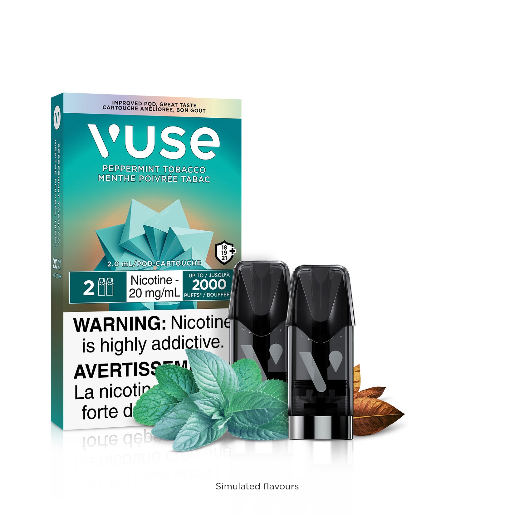 VUSE Peppermint Tobacco 20mg/ml e-cigarette pods with mint leaves and packaging, highlighting addictive nicotine content.