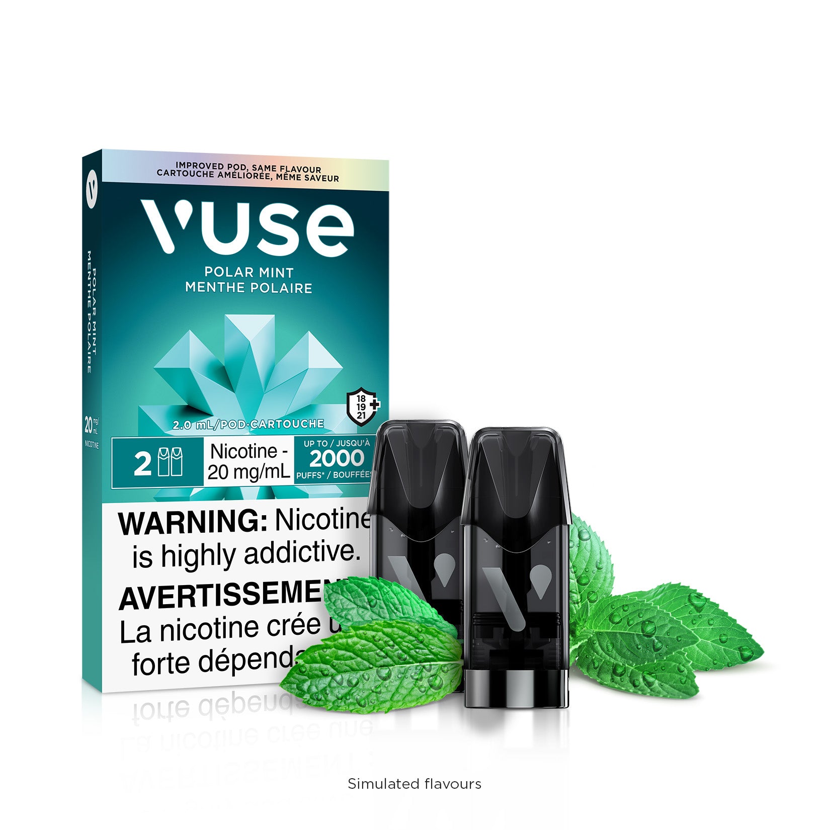 VUSE Polar Mint 20mg/ml e-liquid pods with menthol flavor, featuring two cartridges and a warning about nicotine addiction.