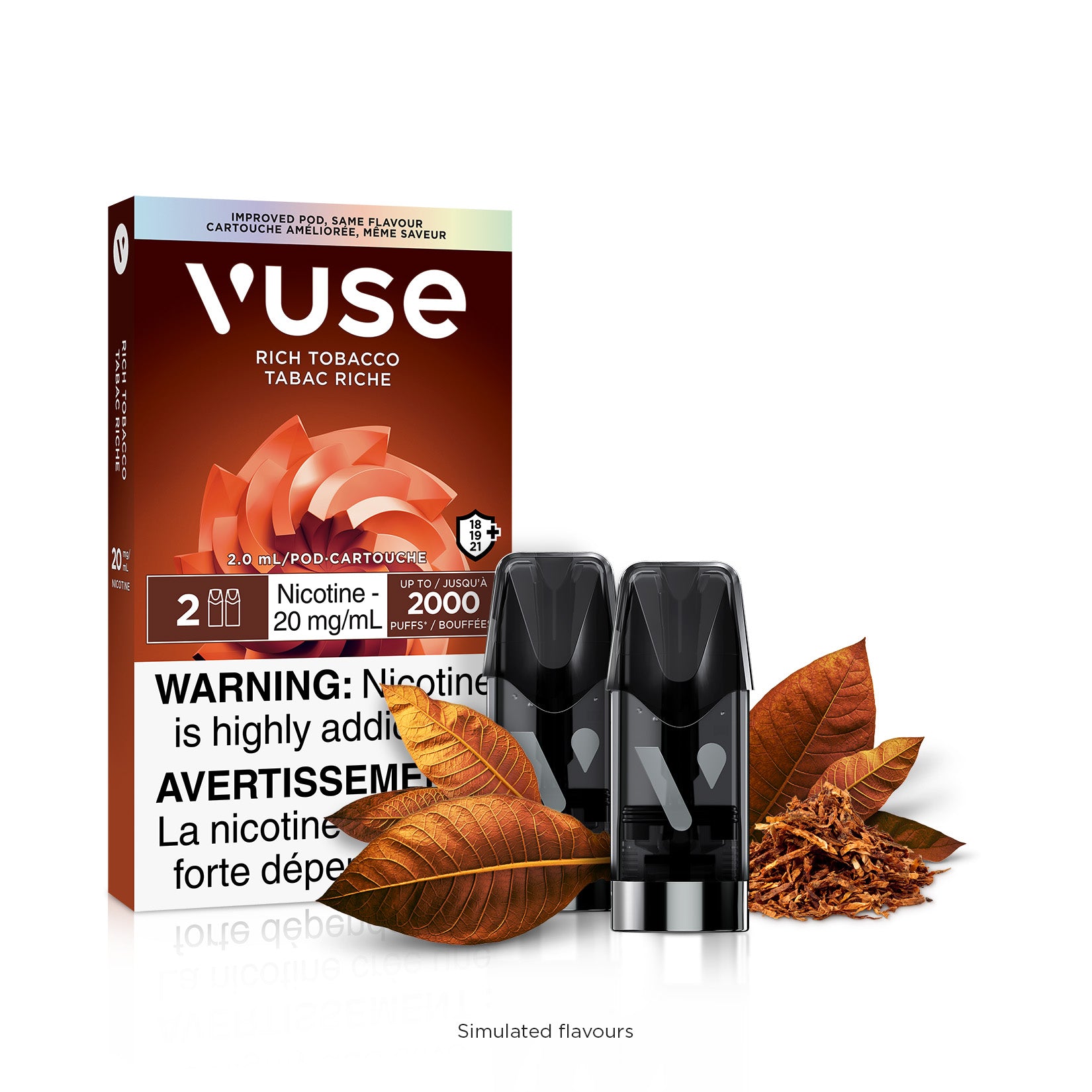 Vuse Rich Tobacco 20mg/ml pods with genuine tobacco leaves, offering a robust and satisfying vaping experience.