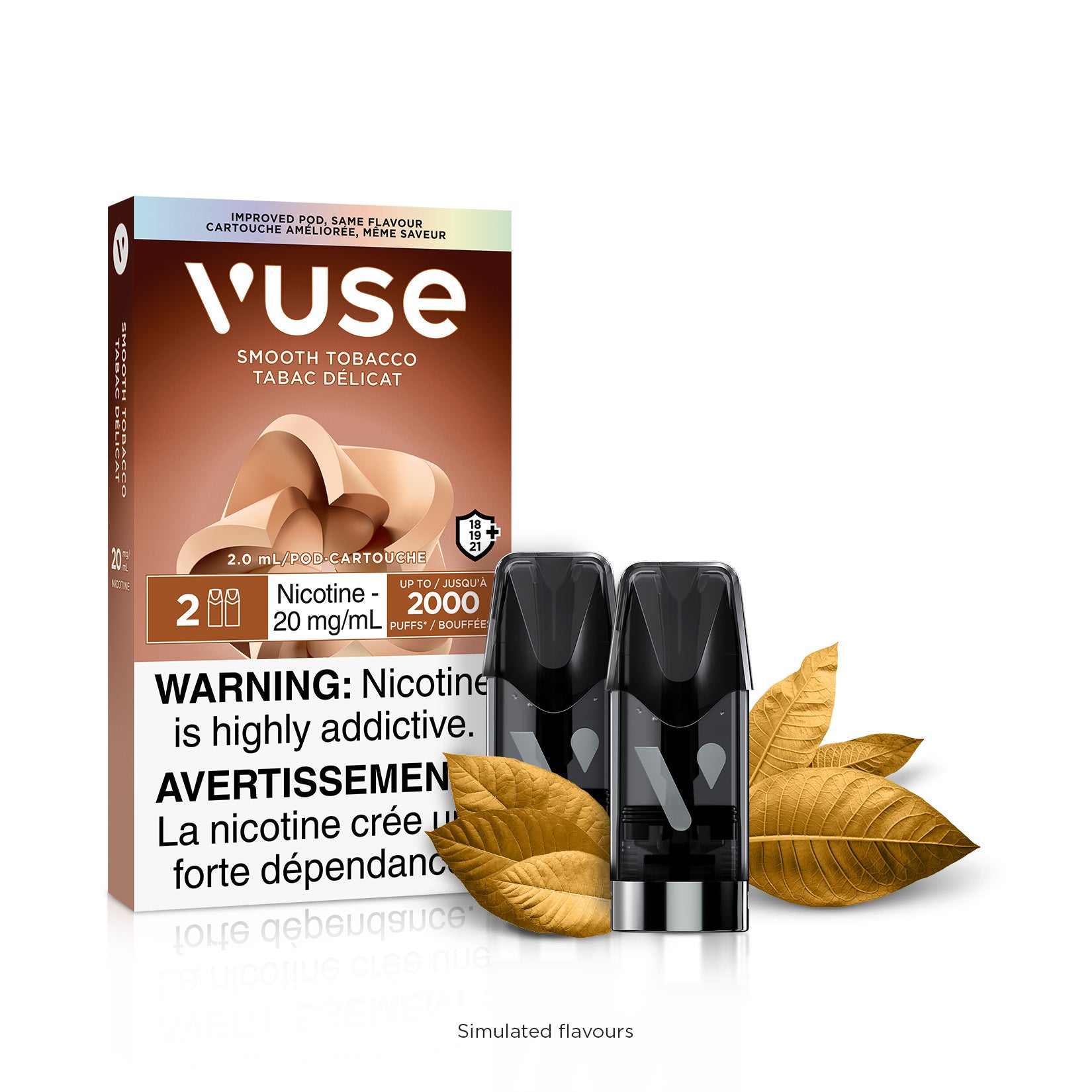 VUSE Smooth Tobacco Pods 20mg/mL with warning label, featuring black cartridges and tobacco leaves.