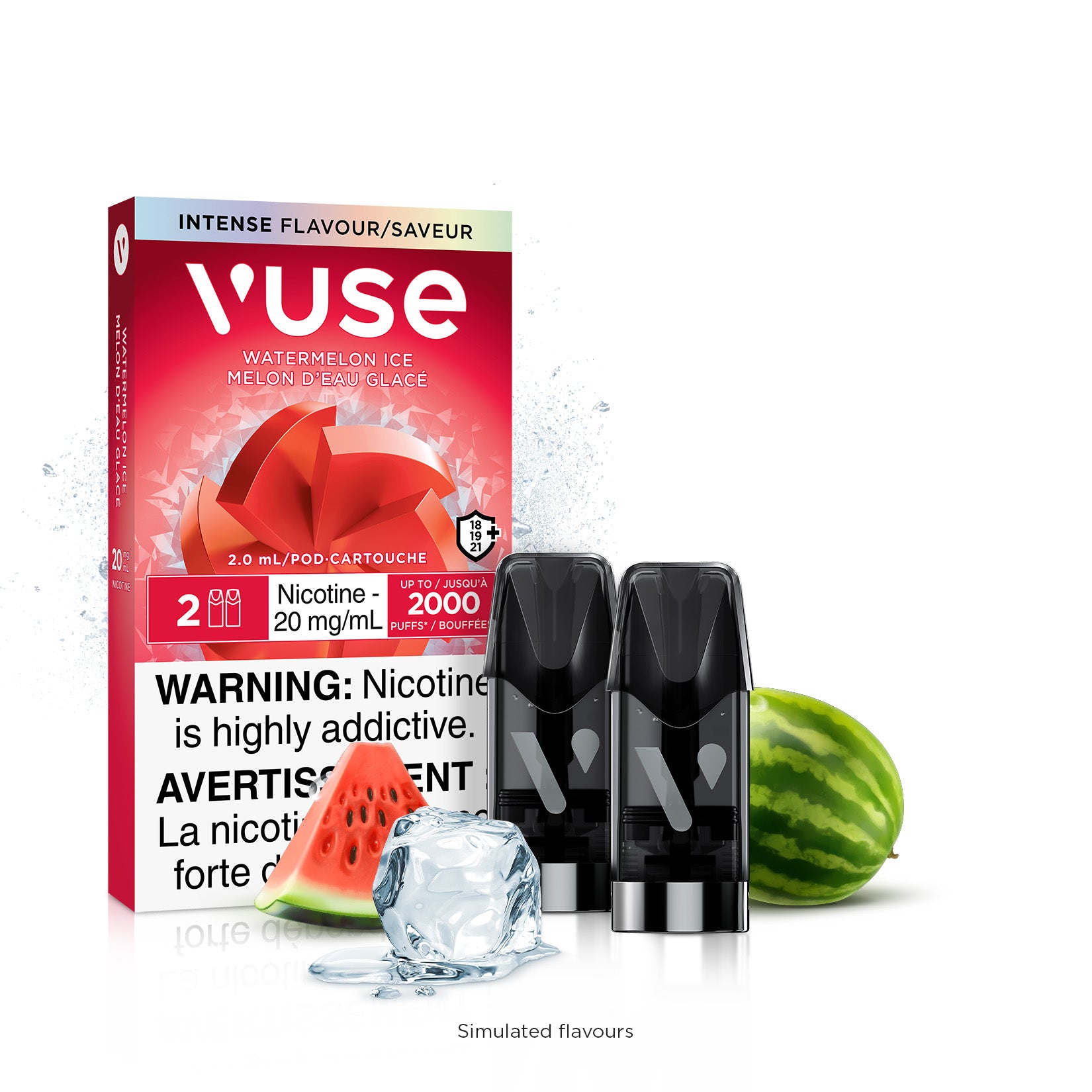 VUSE Watermelon Ice 20mg/ml vape pods with packaging, featuring watermelon and ice cubes, warning label included.