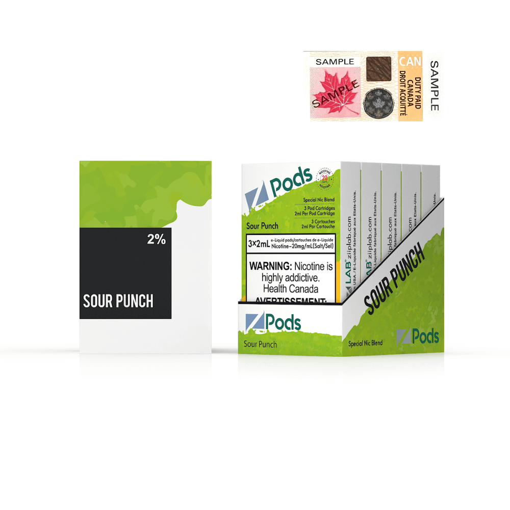 ZPODS Sour Punch vape pods with warning label and sample display, 2% nicotine strength.