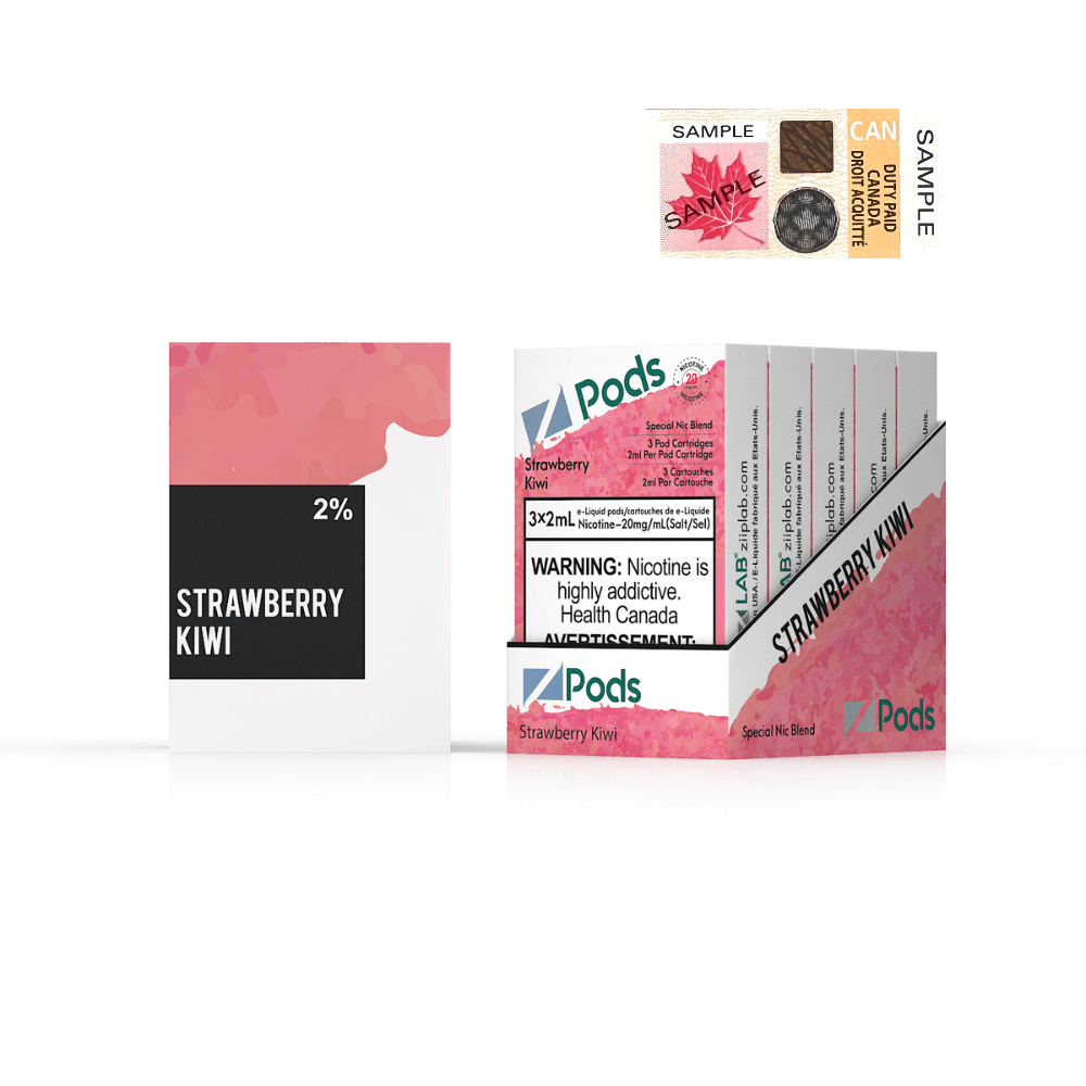 ZPODS Strawberry Kiwi vape pods packaging with warning label and sample information, showcasing delicious fruit flavor.