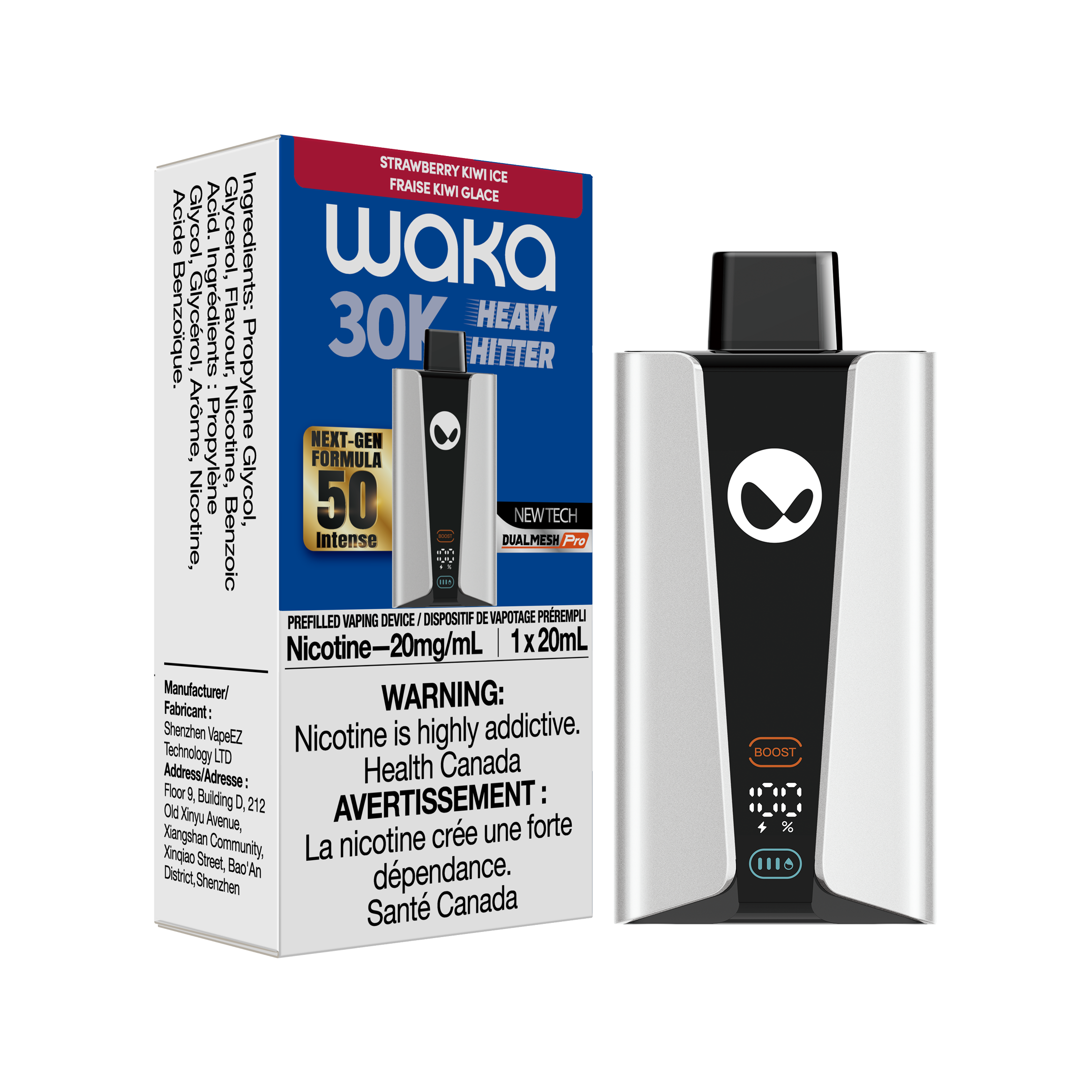 WAKA 30K Strawberry Kiwi Ice vape device with packaging, featuring nicotine warning and specifications.