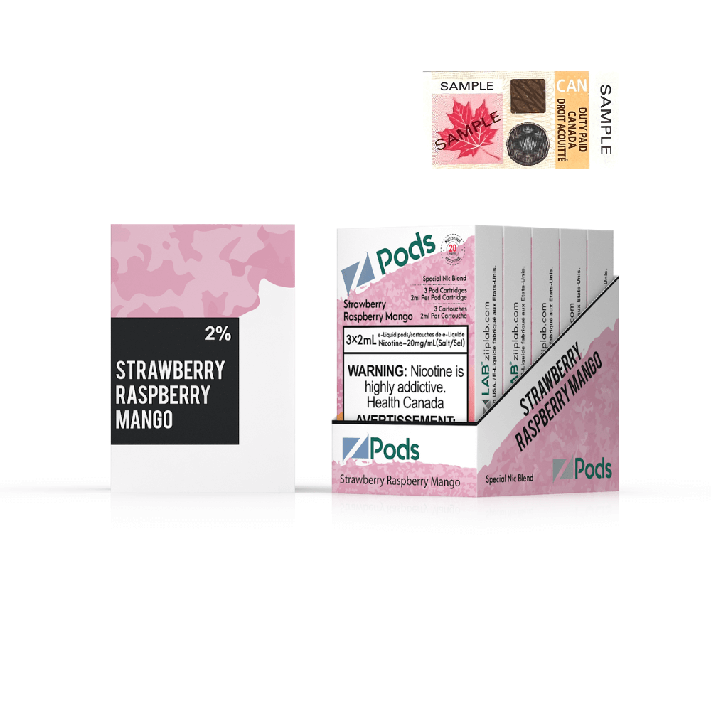 ZPODS Strawberry Raspberry Mango product display with packaging and sample, featuring vibrant berry flavors.