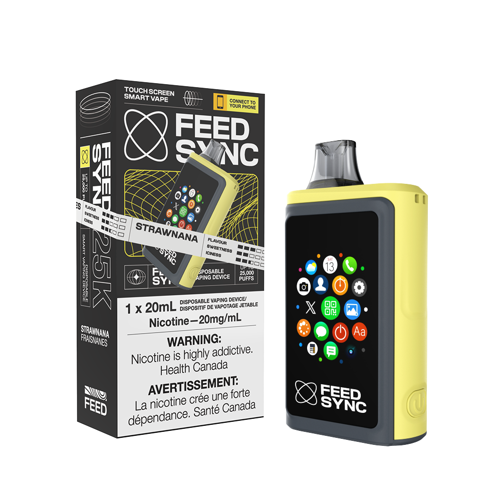 FEED SYNC 25k disposable vape in Strawnana flavor, includes touchscreen display and nicotine warning.