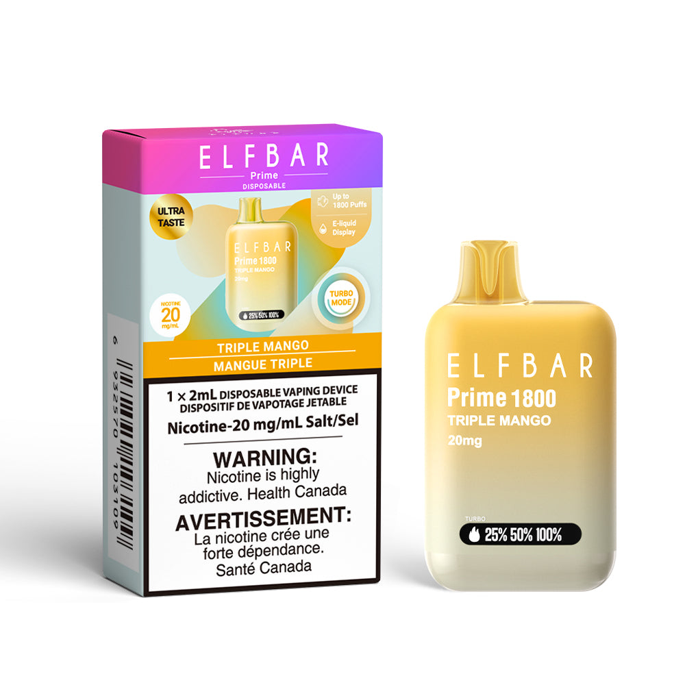 ELF BAR PRIME 1800 Triple Mango disposable vaping device with 20mg nicotine, featuring vibrant packaging and mango flavor.