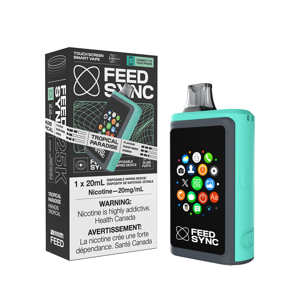 FEED SYNC 25K Tropical Paradise disposable vape with touchscreen and nicotine warning, vibrant packaging and mint green device.