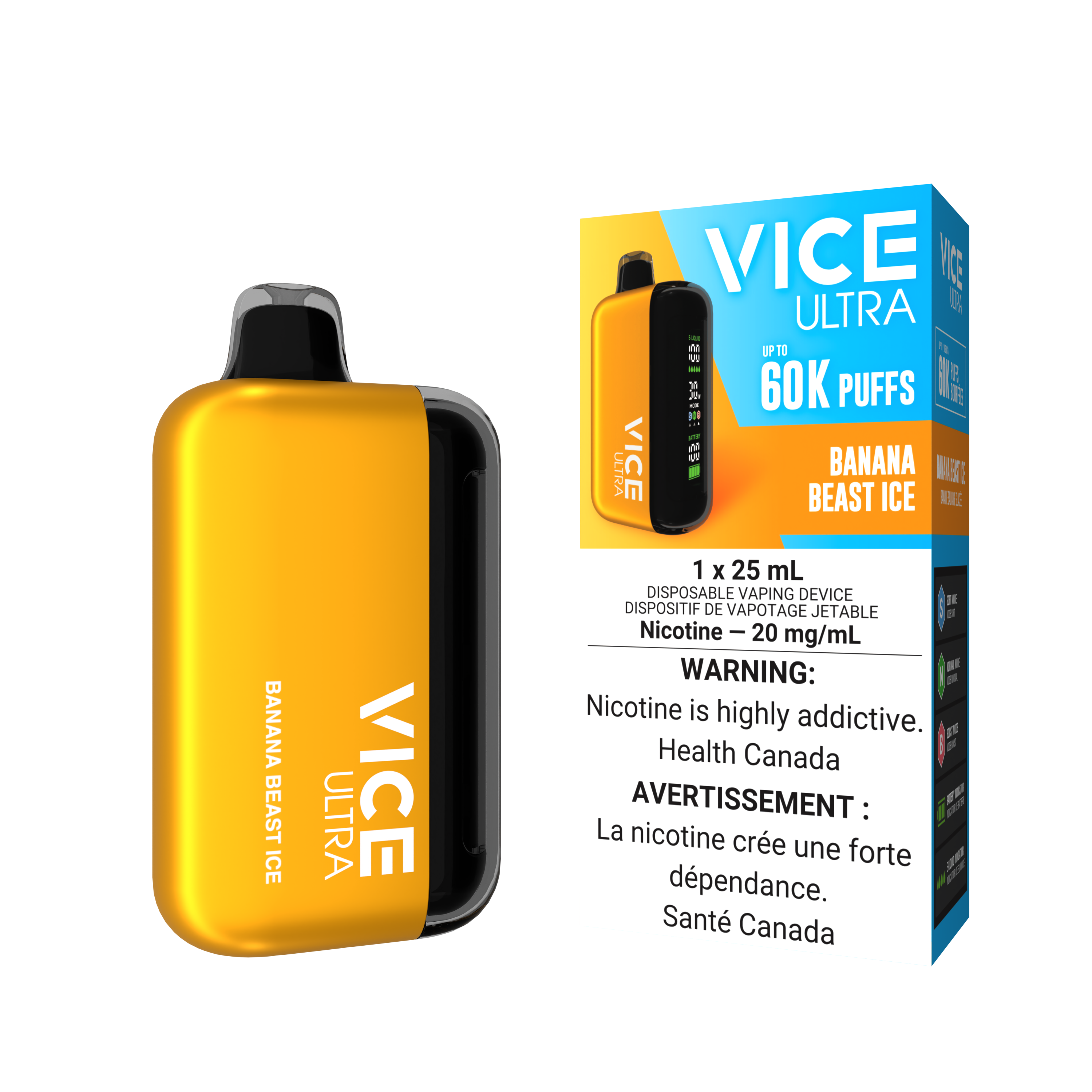 VICE ULTRA 60K disposable vape in Banana Beast Ice flavor, featuring 25mL capacity and vibrant yellow design.