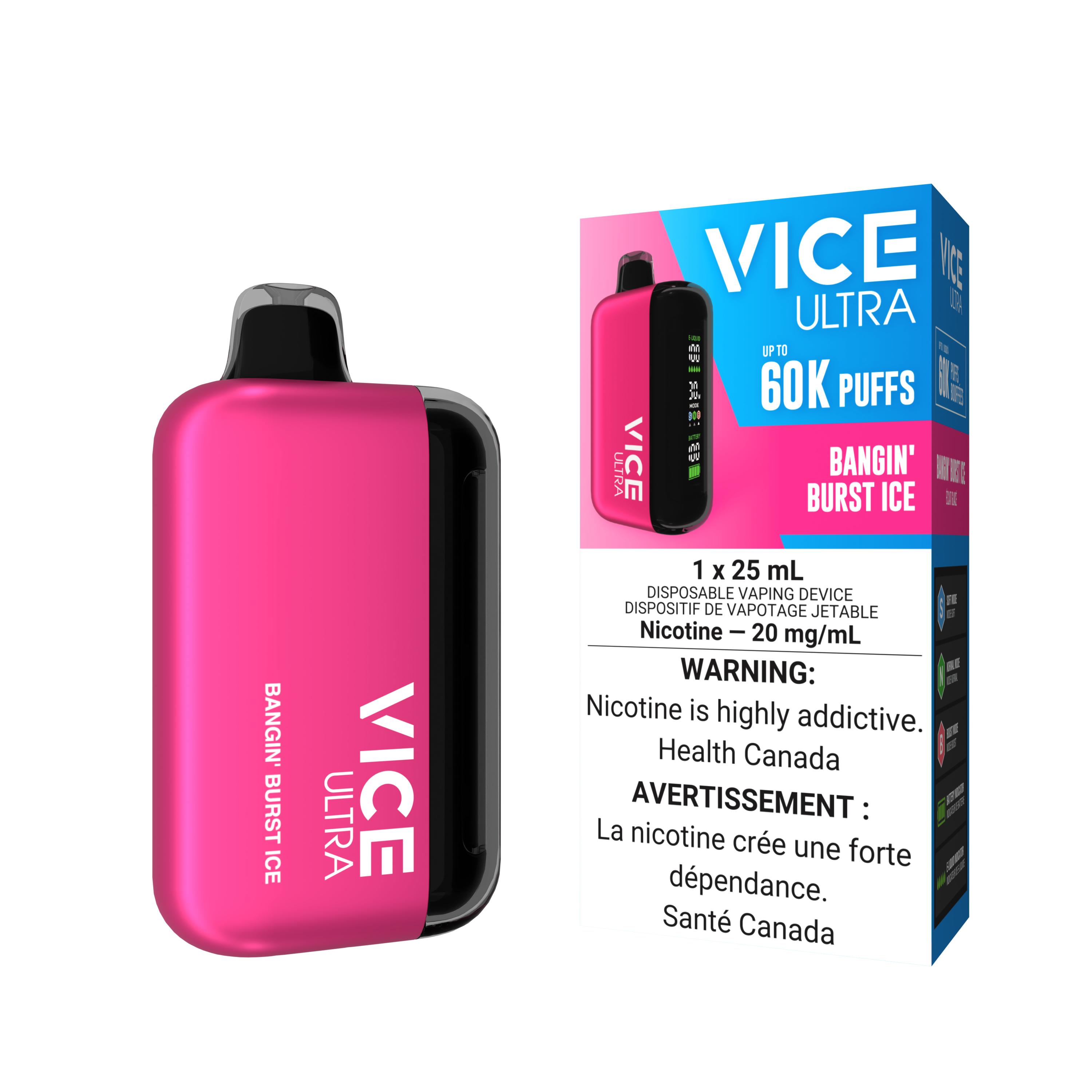 VICE ULTRA Bangin' Burst Ice disposable vape device with fruity flavor, offering up to 60K puffs, vibrant pink design.