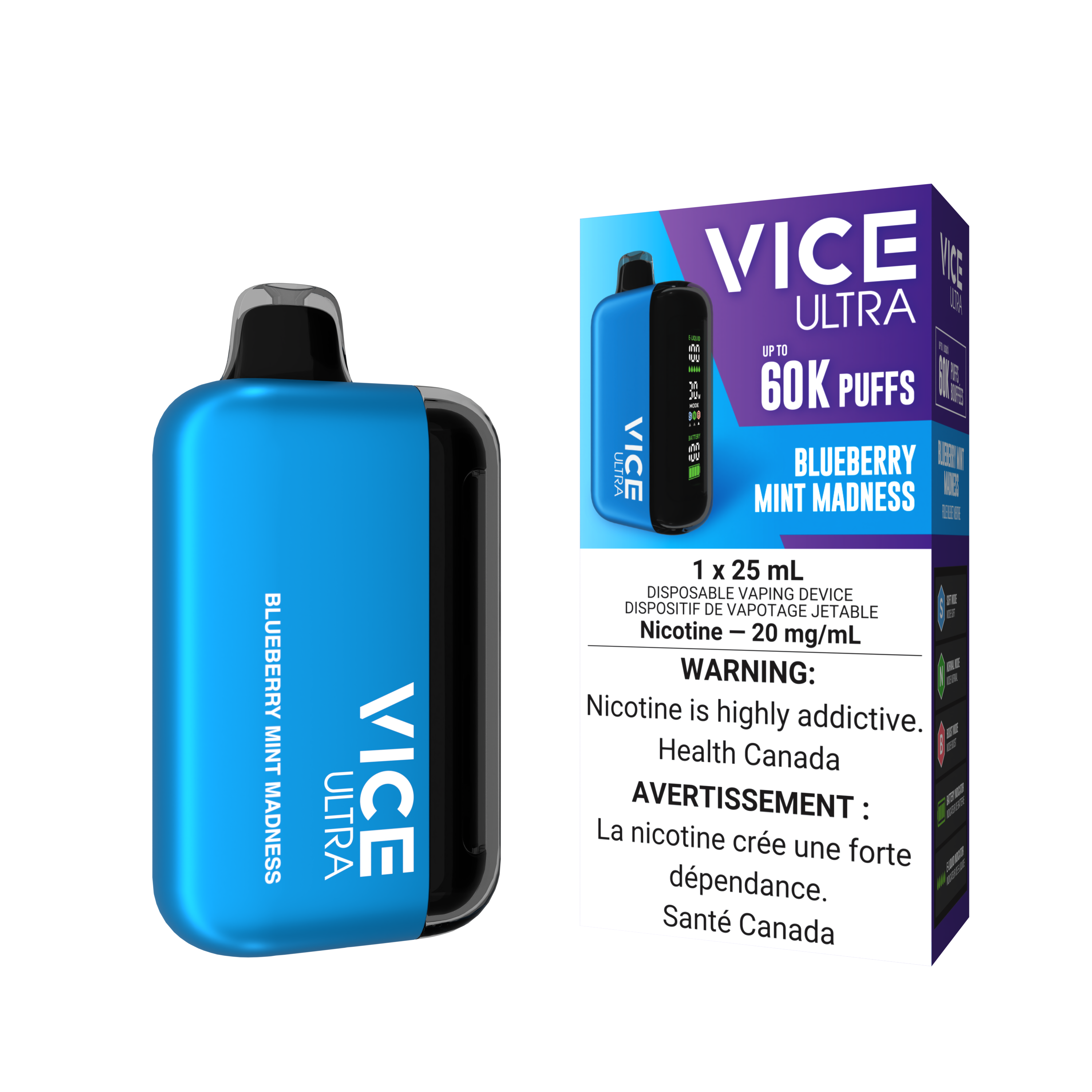 VICE ULTRA disposable vape in Blueberry Mint Madness flavor, featuring up to 60K puffs and a vibrant blue packaging.