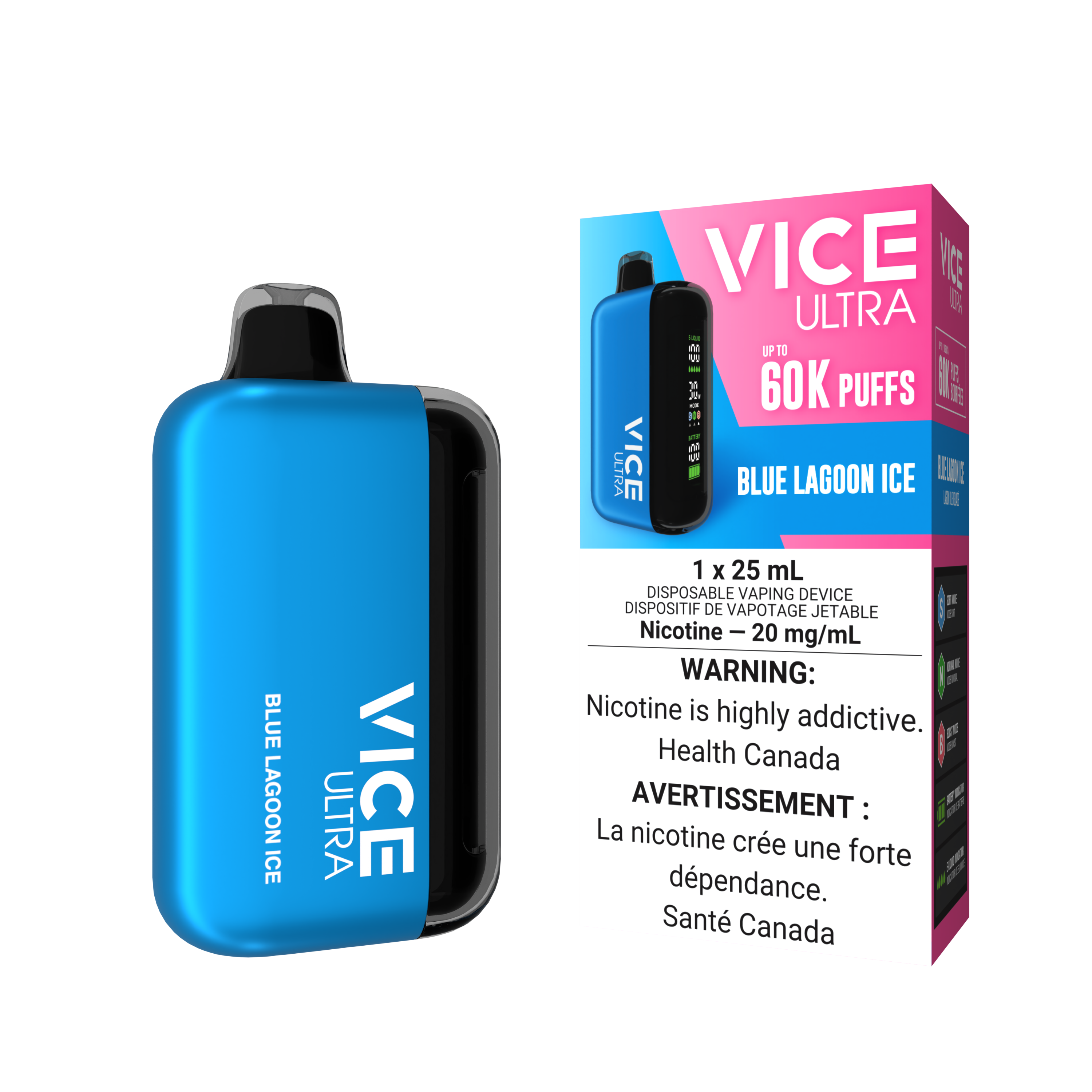 VICE ULTRA 60K disposable vaping device in Blue Lagoon Ice flavor with sweet fruit blend and ice breeze.