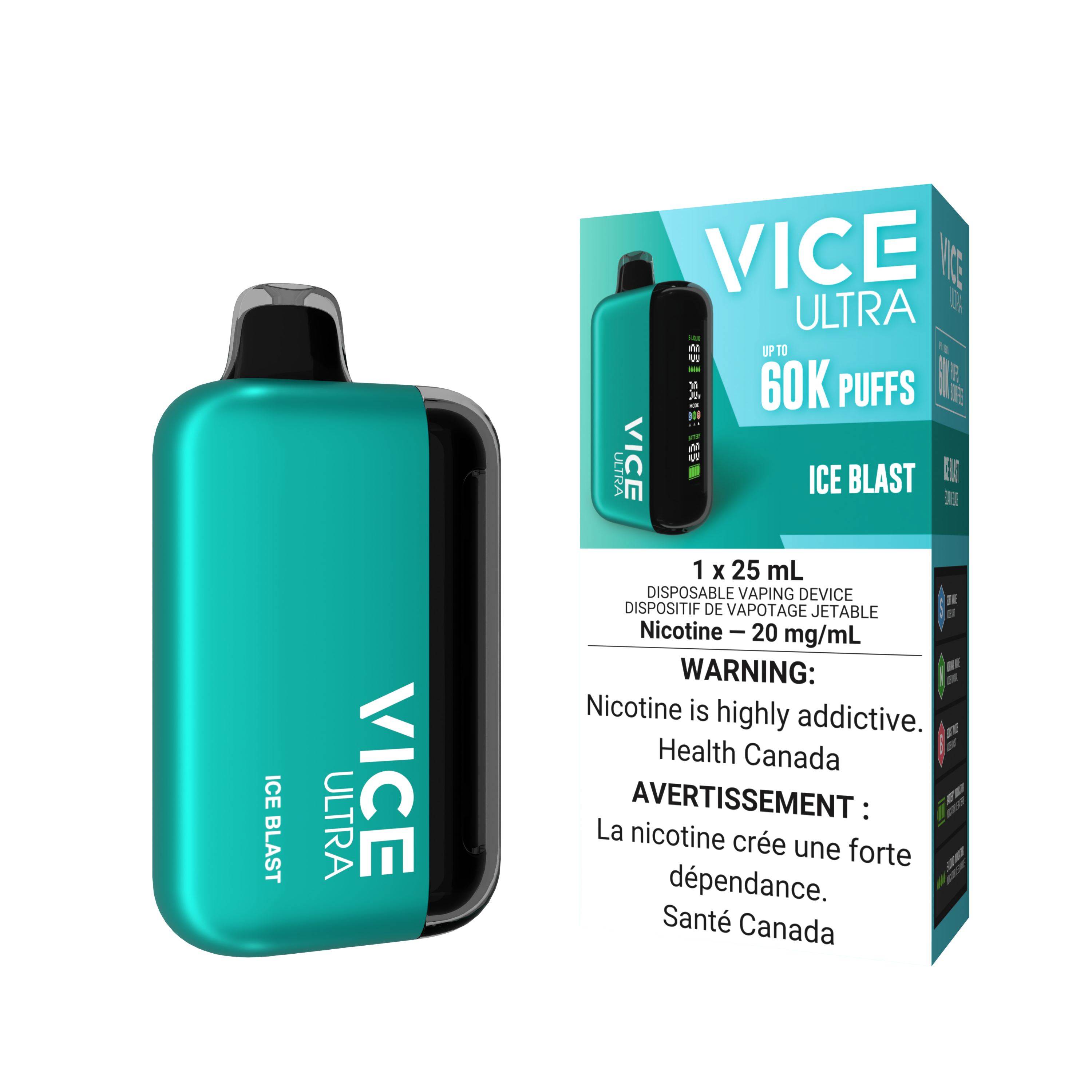 VICE ULTRA 60K disposable vape device in Ice Blast flavor, featuring mint and chill, perfect for refreshing vaping experiences.