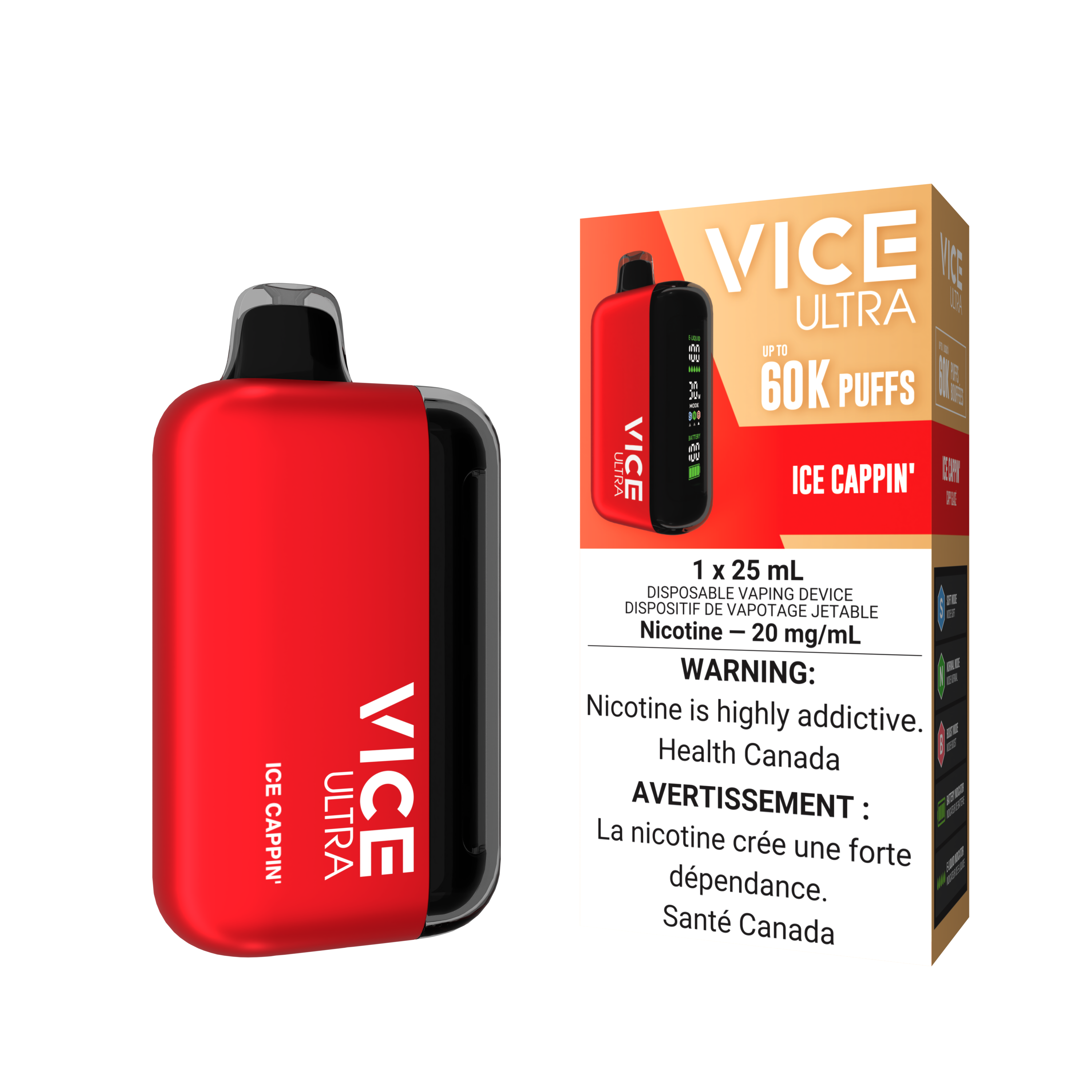 VICE ULTRA 60K disposable vape in red flavor Ice Cappin' with box packaging showcasing 25mL e-liquid and nicotine warning.