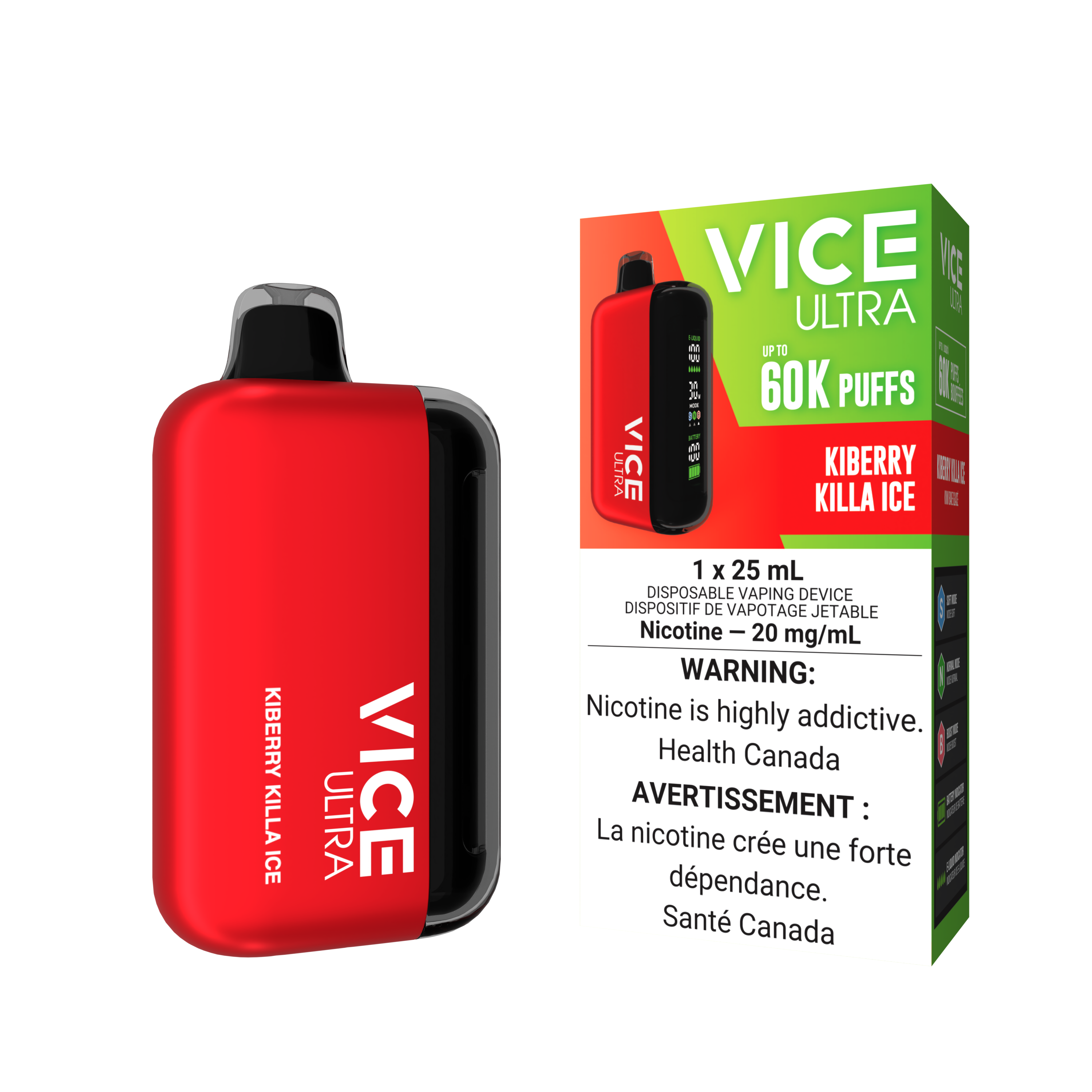 VICE ULTRA disposable vaping device KIBERRY KILLA ICE with kiwi, strawberry, and watermelon flavors.