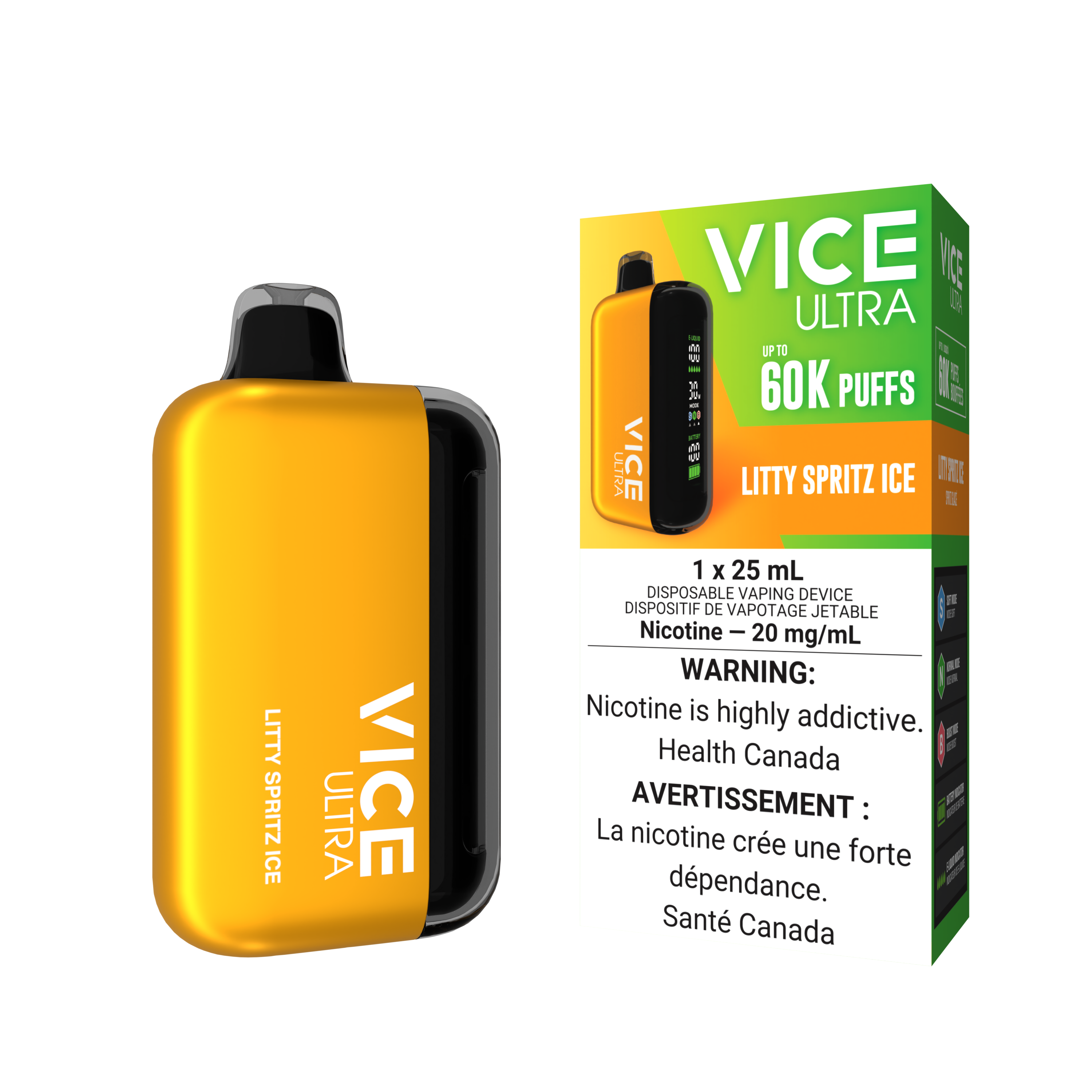 VICE ULTRA 60K Litty Spritz Ice disposable vape, featuring vibrant lemon-lime flavor and nicotine warning.