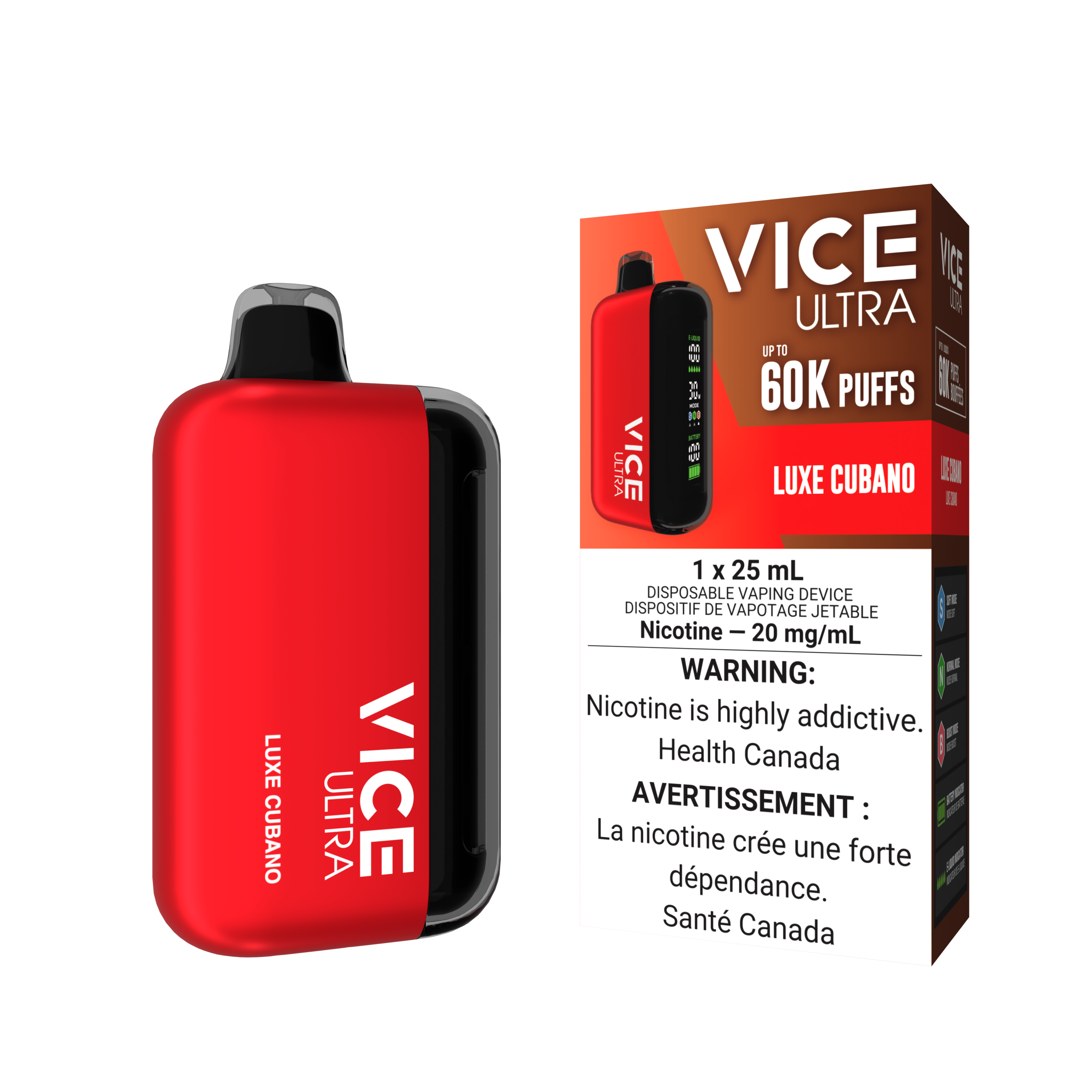 VICE ULTRA 60K Luxe Cubano disposable vaping device with bright red design and health warning information.