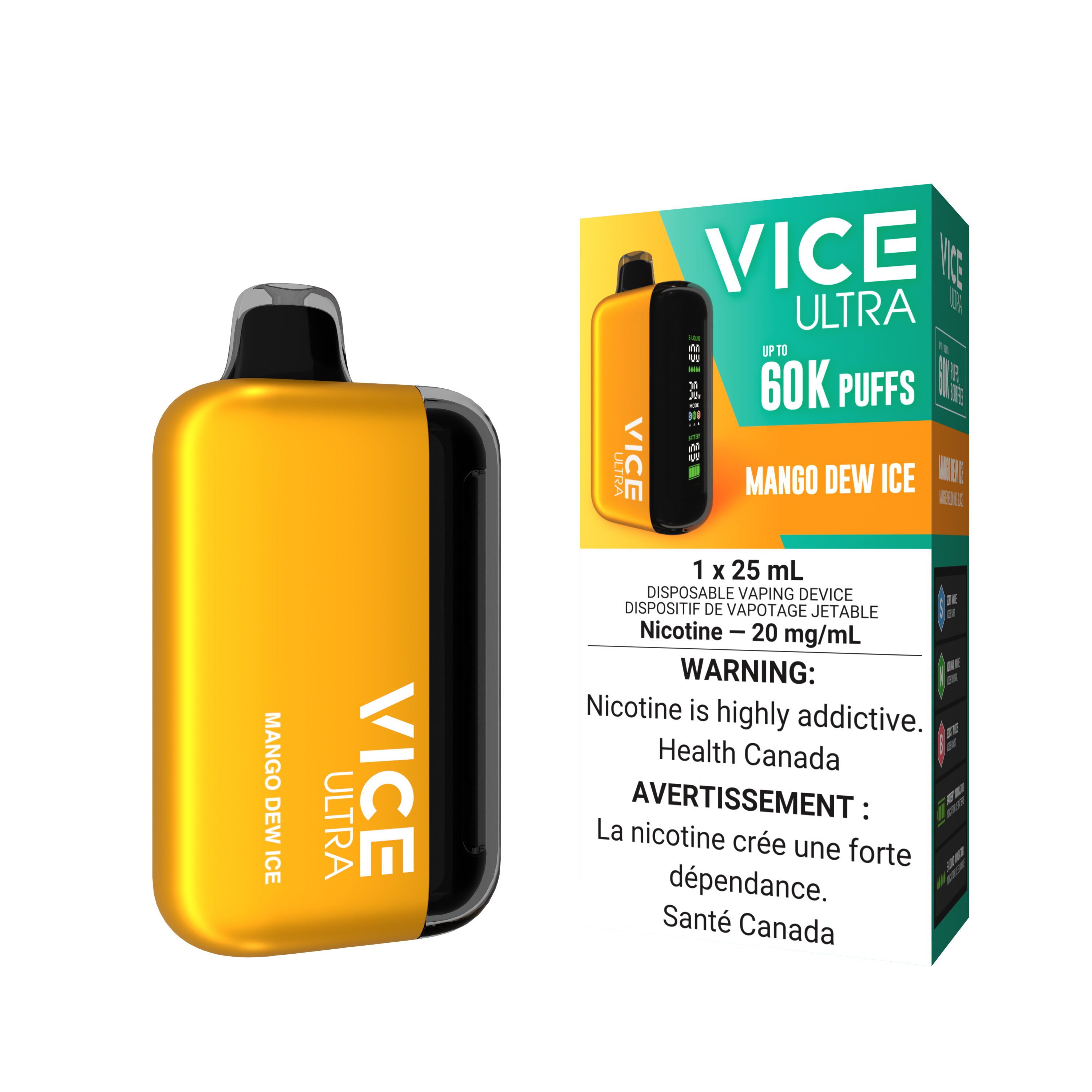 VICE ULTRA 60K disposable vaping device in Mango Dew Ice flavor with vibrant yellow design and packaging.