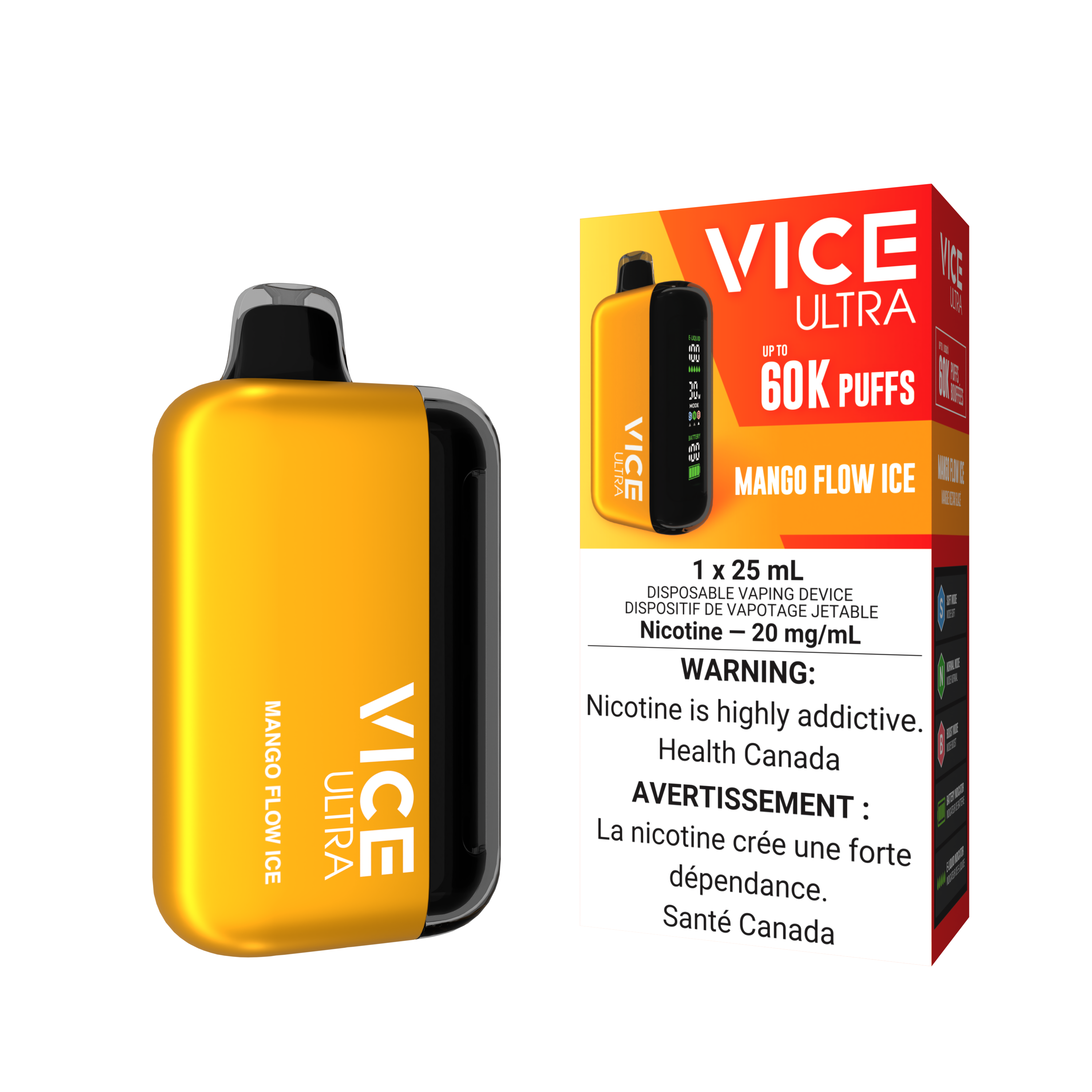 VICE ULTRA 60K Mango Flow Ice disposable vape device showcasing a vibrant yellow design with health warnings.